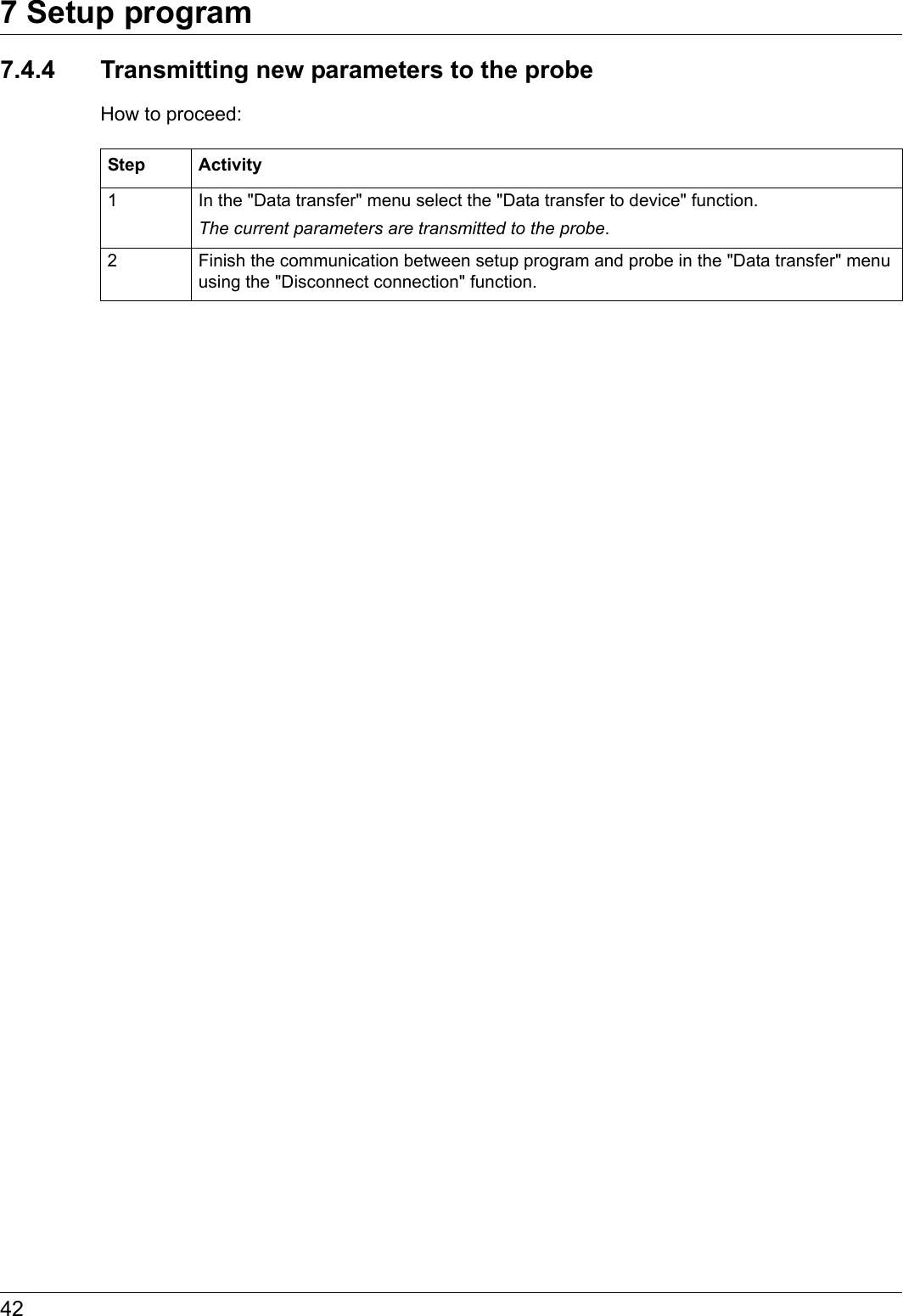 7 Setup program427.4.4 Transmitting new parameters to the probeHow to proceed:Step Activity1 In the &quot;Data transfer&quot; menu select the &quot;Data transfer to device&quot; function.The current parameters are transmitted to the probe.2 Finish the communication between setup program and probe in the &quot;Data transfer&quot; menu using the &quot;Disconnect connection&quot; function.