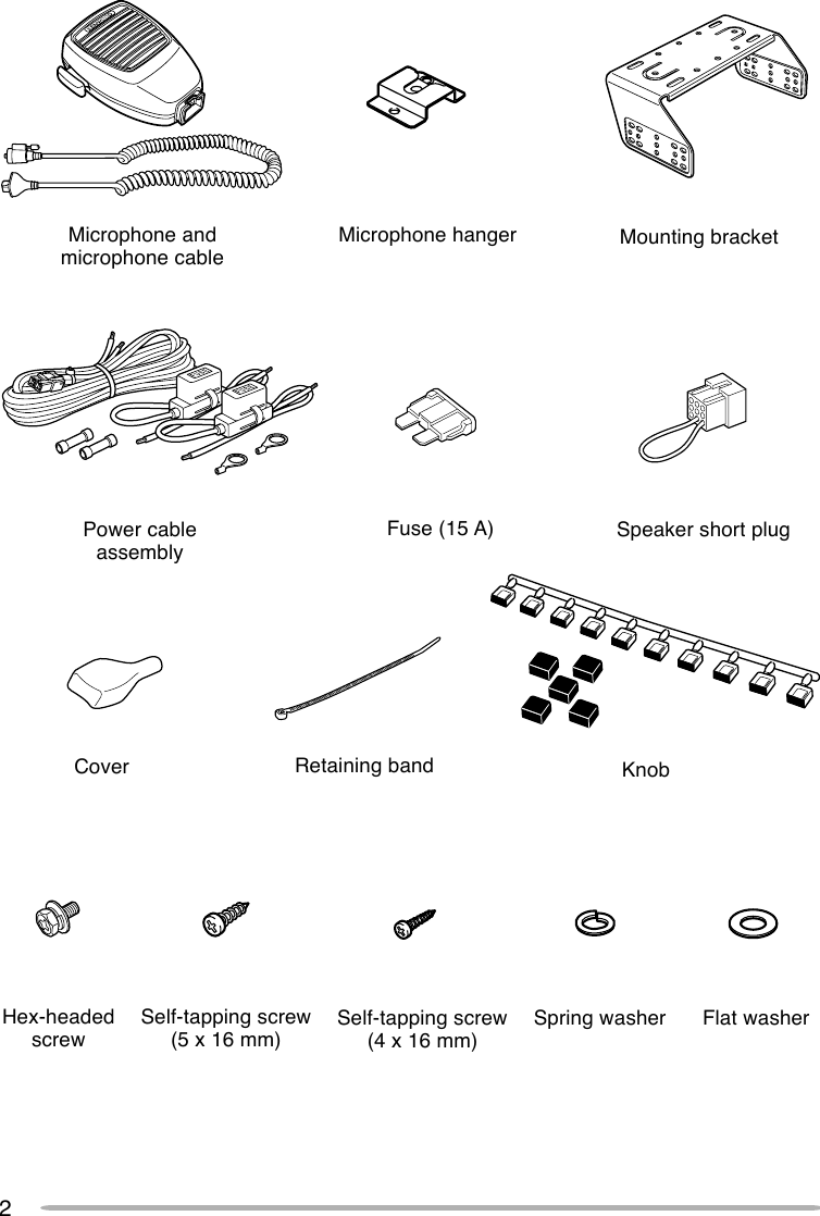 2Flat washerMicrophone andmicrophone cableMicrophone hangerPower cableassemblyFuse (15 A)Mounting bracketHex-headedscrewSelf-tapping screw(5 x 16 mm)Self-tapping screw(4 x 16 mm)Spring washerCoverSpeaker short plugRetaining band Knob