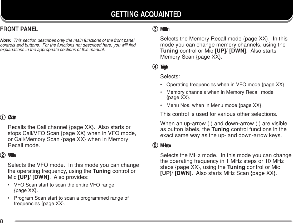 8GETTING ACQUAINTEDFRONT PANELNote:  This section describes only the main functions of the front panelcontrols and buttons.  For the functions not described here, you will findexplanations in the appropriate sections of this manual.qqqqqCALL buttonRecalls the Call channel {page XX}.  Also starts orstops Call/VFO Scan {page XX} when in VFO mode,or Call/Memory Scan {page XX} when in MemoryRecall mode.wwwwwVFO buttonSelects the VFO mode.  In this mode you can changethe operating frequency, using the Tuning control orMic [UP]/ [DWN].  Also provides:• VFO Scan start to scan the entire VFO range{page XX}.• Program Scan start to scan a programmed range offrequencies {page XX}.eeeeeMR buttonSelects the Memory Recall mode {page XX}.  In thismode you can change memory channels, using theTuning control or Mic [UP]/ [DWN].  Also startsMemory Scan {page XX}.rrrrrTuning controlSelects:• Operating frequencies when in VFO mode {page XX}.• Memory channels when in Memory Recall mode{page XX}.• Menu Nos. when in Menu mode {page XX}.This control is used for various other selections.When an up-arrow ( ) and down-arrow ( ) are visibleas button labels, the Tuning control functions in theexact same way as the up- and down-arrow keys.tttttMHz buttonSelects the MHz mode.  In this mode you can changethe operating frequency in 1 MHz steps or 10 MHzsteps {page XX}, using the Tuning control or Mic[UP]/ [DWN].  Also starts MHz Scan {page XX}.