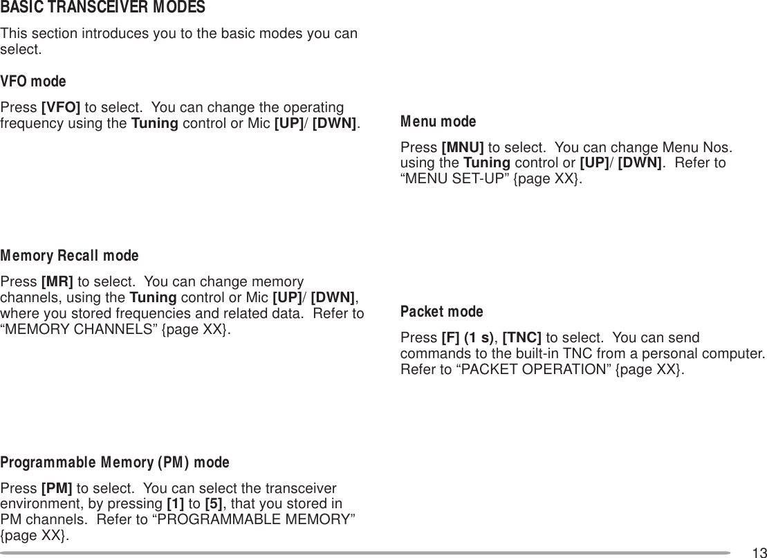 13BASIC TRANSCEIVER MODESThis section introduces you to the basic modes you canselect.VFO modePress [VFO] to select.  You can change the operatingfrequency using the Tuning control or Mic [UP]/ [DWN].Memory Recall modePress [MR] to select.  You can change memorychannels, using the Tuning control or Mic [UP]/ [DWN],where you stored frequencies and related data.  Refer to“MEMORY CHANNELS” {page XX}.Programmable Memory (PM) modePress [PM] to select.  You can select the transceiverenvironment, by pressing [1] to [5], that you stored inPM channels.  Refer to “PROGRAMMABLE MEMORY”{page XX}.Menu modePress [MNU] to select.  You can change Menu Nos.using the Tuning control or [UP]/ [DWN].  Refer to“MENU SET-UP” {page XX}.Packet modePress [F] (1 s), [TNC] to select.  You can sendcommands to the built-in TNC from a personal computer.Refer to “PACKET OPERATION” {page XX}.