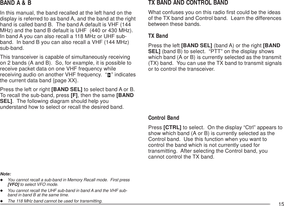 15BAND A &amp; BIn this manual, the band recalled at the left hand on thedisplay is referred to as band A, and the band at the righthand is called band B.  The band A default is VHF (144MHz) and the band B default is UHF  (440 or 430 MHz).In band A you can also recall a 118 MHz or UHF sub-band.  In band B you can also recall a VHF (144 MHz)sub-band.This transceiver is capable of simultaneously receivingon 2 bands (A and B).  So, for example, it is possible toreceive packet data on one VHF frequency whilereceiving audio on another VHF frequency.  “ ” indicatesthe current data band {page XX}.Press the left or right [BAND SEL] to select band A or B.To recall the sub-band, press [F], then the same [BANDSEL].  The following diagram should help youunderstand how to select or recall the desired band.Note:◆You cannot recall a sub-band in Memory Recall mode.  First press[VFO] to select VFO mode.◆You cannot recall the UHF sub-band in band A and the VHF sub-band in band B at the same time.◆The 118 MHz band cannot be used for transmitting.TX BAND AND CONTROL BANDWhat confuses you on this radio first could be the ideasof the TX band and Control band.  Learn the differencesbetween these bands.TX BandPress the left [BAND SEL] (band A) or the right [BANDSEL] (band B) to select.  “PTT” on the display showswhich band (A or B) is currently selected as the transmit(TX) band.  You can use the TX band to transmit signalsor to control the transceiver.Control BandPress [CTRL] to select.  On the display “Ctrl” appears toshow which band (A or B) is currently selected as theControl band.  Use this function when you want tocontrol the band which is not currently used fortransmitting.  After selecting the Control band, youcannot control the TX band.