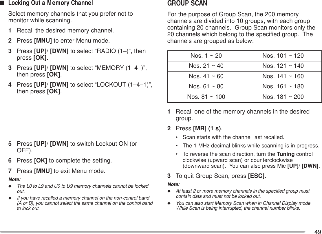 49■Locking Out a Memory ChannelSelect memory channels that you prefer not tomonitor while scanning.1Recall the desired memory channel.2Press [MNU] to enter Menu mode.3Press [UP]/ [DWN] to select “RADIO (1–)”, thenpress [OK].3Press [UP]/ [DWN] to select “MEMORY (1–4–)”,then press [OK].4Press [UP]/ [DWN] to select “LOCKOUT (1–4–1)”,then press [OK].5Press [UP]/ [DWN] to switch Lockout ON (orOFF).6Press [OK] to complete the setting.7Press [MNU] to exit Menu mode.Note:◆The L0 to L9 and U0 to U9 memory channels cannot be lockedout.◆If you have recalled a memory channel on the non-control band(A or B), you cannot select the same channel on the control bandto lock out.GROUP SCANFor the purpose of Group Scan, the 200 memorychannels are divided into 10 groups, with each groupcontaining 20 channels.  Group Scan monitors only the20 channels which belong to the specified group.  Thechannels are grouped as below:1Recall one of the memory channels in the desiredgroup.2Press [MR] (1 s).• Scan starts with the channel last recalled.• The 1 MHz decimal blinks while scanning is in progress.• To reverse the scan direction, turn the Tuning controlclockwise (upward scan) or counterclockwise(downward scan).  You can also press Mic [UP]/ [DWN].3To quit Group Scan, press [ESC].Note:◆At least 2 or more memory channels in the specified group mustcontain data and must not be locked out.◆You can also start Memory Scan when in Channel Display mode.While Scan is being interrupted, the channel number blinks.02~1.soN021~101.soN04~12.soN041~121.soN06~14.soN061~141.soN08~16.soN081~161.soN001~18.soN002~181.soN