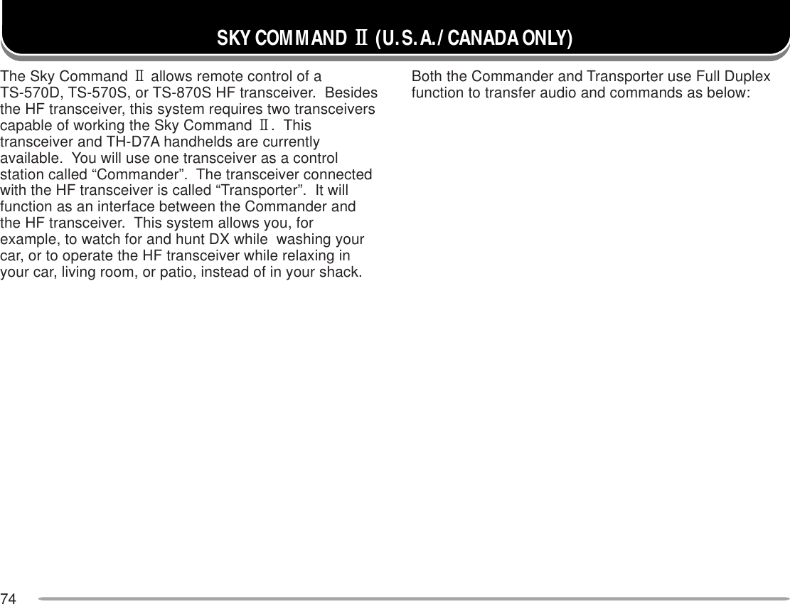 74Both the Commander and Transporter use Full Duplexfunction to transfer audio and commands as below:SKY COMMAND 22222 (U.S.A./ CANADA ONLY)The Sky Command 2 allows remote control of aTS-570D, TS-570S, or TS-870S HF transceiver.  Besidesthe HF transceiver, this system requires two transceiverscapable of working the Sky Command 2.  Thistransceiver and TH-D7A handhelds are currentlyavailable.  You will use one transceiver as a controlstation called “Commander”.  The transceiver connectedwith the HF transceiver is called “Transporter”.  It willfunction as an interface between the Commander andthe HF transceiver.  This system allows you, forexample, to watch for and hunt DX while  washing yourcar, or to operate the HF transceiver while relaxing inyour car, living room, or patio, instead of in your shack.
