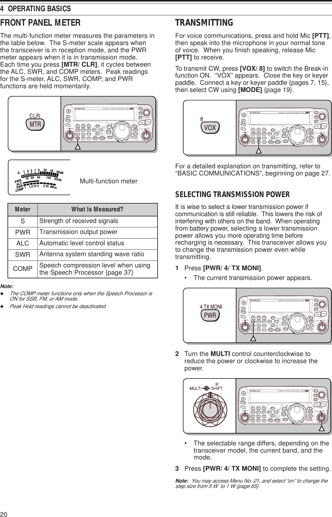 4  OPERATING BASICS20FRONT PANEL METERThe multi-function meter measures the parameters inthe table below.  The S-meter scale appears whenthe transceiver is in reception mode, and the PWRmeter appears when it is in transmission mode.Each time you press [MTR/ CLR], it cycles betweenthe ALC, SWR, and COMP meters.  Peak readingsfor the S-meter, ALC, SWR, COMP, and PWRfunctions are held momentarily.NAR1 REC 2 REC5 RF.G0 OFF83 REC947TX MONI6DELAYHF/50MHz  ALL MODE TRANSCEIVER  TS-480CLR STEP SG.SELCW.TF.LOCKM/VSPLITM VFOM.INTF-SETMULTI IFSHIFTAF SQLPFATCH1 CH2 CH3PWR MIC KEYVOXPROCAGCENTA / BA=BMODEMHzQMIQMRMENUMTRNB/TANT 1/2FINE SCANDNLBCNR FILRITXITCLATT/PRE     Multi-function meterreteM ?derusaeMsItahWSslangisdeviecerfohtgnertSRWP rewoptuptuonoissimsnarTCLA sutatslortnoclevelcitamotuARWS oitarevawgnidnatsmetsysannetnAPMOC gnisunehwlevelnoisserpmochceepS }73egap{rossecorPhceepSehtNote:◆The COMP meter functions only when the Speech Processor isON for SSB, FM, or AM mode.◆Peak Hold readings cannot be deactivated.TRANSMITTINGFor voice communications, press and hold Mic [PTT],then speak into the microphone in your normal toneof voice.  When you finish speaking, release Mic[PTT] to receive.To transmit CW, press [VOX/ 8] to switch the Break-infunction ON.  “VOX” appears.  Close the key or keyerpaddle.  Connect a key or keyer paddle {pages 7, 15},then select CW using [MODE] {page 19}.NAR1 REC 2 REC5 RF.G0 OFF83 REC947TX MONI6DELAYHF/50MHz  ALL MODE TRANSCEIVER  TS-480CLR STEP SG.SELCW.TF.LOCKM/VSPLITM VFOM.INTF-SETMULTI IFSHIFTAF SQLPFATCH1 CH2 CH3PWR MIC KEYVOXPROCAGCENTA / BA=BMODEMHzQMIQMRMENUMTRNB/TANT 1/2FINE SCANDNLBCNR FILRITXITCLATT/PREFor a detailed explanation on transmitting, refer to“BASIC COMMUNICATIONS”, beginning on page 27.SELECTING TRANSMISSION POWERIt is wise to select a lower transmission power ifcommunication is still reliable.  This lowers the risk ofinterfering with others on the band.  When operatingfrom battery power, selecting a lower transmissionpower allows you more operating time beforerecharging is necessary.  This transceiver allows youto change the transmission power even whiletransmitting.1Press [PWR/ 4/ TX MONI].• The current transmission power appears.NAR1 REC 2 REC5 RF.G0 OFF83 REC947TX MONI6DELAYHF/50MHz  ALL MODE TRANSCEIVER  TS-480CLR STEP SG.SELCW.TF.LOCKM/VSPLITM VFOM.INTF-SETMULTI IFSHIFTAF SQLPFATCH1 CH2 CH3PWR MIC KEYVOXPROCAGCENTA / BA=BMODEMHzQMIQMRMENUMTRNB/TANT 1/2FINE SCANDNLBCNR FILRITXITCLATT/PRE42Turn the MULTI control counterclockwise toreduce the power or clockwise to increase thepower.NAR1 REC 2 REC5 RF.G0 OFF83 REC947TX MONI6DELAYHF/50MHz  ALL MODE TRANSCEIVER  TS-480CLR STEP SG.SELCW.TF.LOCKM/VSPLITM VFOM.INTF-SETMULTI IFSHIFTAF SQLPFATCH1 CH2 CH3PWR MIC KEYVOXPROCAGCENTA / BA=BMODEMHzQMIQMRMENUMTRNB/TANT 1/2FINE SCANDNLBCNR FILRITXITCLATT/PRE• The selectable range differs, depending on thetransceiver model, the current band, and themode.3Press [PWR/ 4/ TX MONI] to complete the setting.Note:  You may access Menu No. 21, and select “on” to change thestep size from 5 W  to 1 W {page 65}.