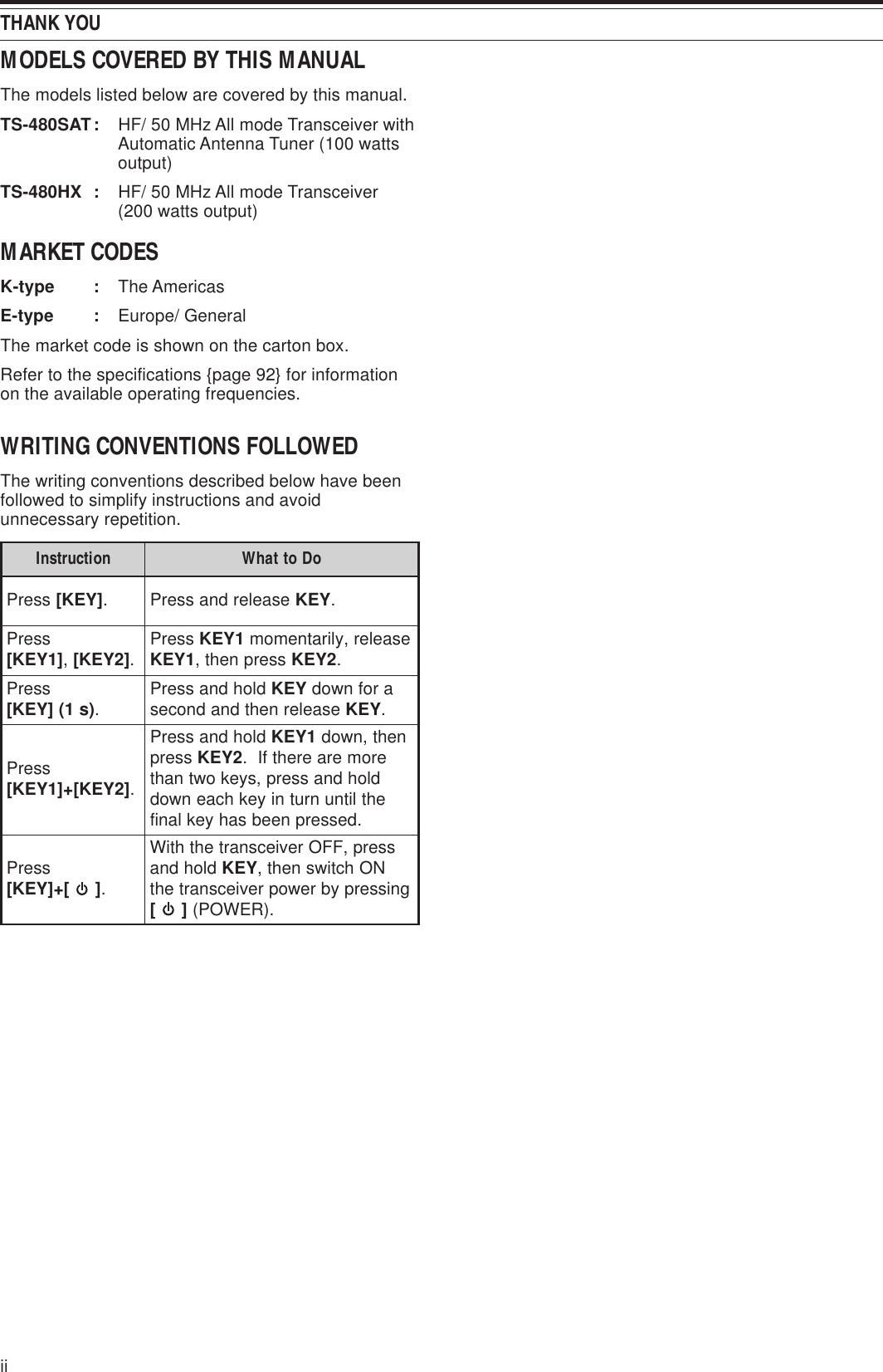 iiTHANK YOUMODELS COVERED BY THIS MANUALThe models listed below are covered by this manual.TS-480SAT: HF/ 50 MHz All mode Transceiver withAutomatic Antenna Tuner (100 wattsoutput)TS-480HX : HF/ 50 MHz All mode Transceiver(200 watts output)MARKET CODESK-type : The AmericasE-type : Europe/ GeneralThe market code is shown on the carton box.Refer to the specifications {page 92} for informationon the available operating frequencies.WRITING CONVENTIONS FOLLOWEDThe writing conventions described below have beenfollowed to simplify instructions and avoidunnecessary repetition.noitcurtsnI oDottahWsserP ]YEK[ .esaelerdnasserP YEK .sserP ]1YEK[ ,]2YEK[ .sserP 1YEK esaeler,yliratnemom1YEK sserpneht, 2YEK .sserP ]YEK[)s1( .dlohdnasserP YEK arofnwod esaelernehtdnadnoces YEK .sserP ]2YEK[+]1YEK[ .dlohdnasserP 1YEK neht,nwodsserp 2YEK eromeraerehtfI. dlohdnasserp,syekowtnaht ehtlitnunrutniyekhcaenwod .desserpneebsahyeklanifsserP ][+]YEK[ .sserp,FFOreviecsnartehthtiW dlohdna YEK NOhctiwsneht, gnisserpybrewopreviecsnarteht ][ .)REWOP(