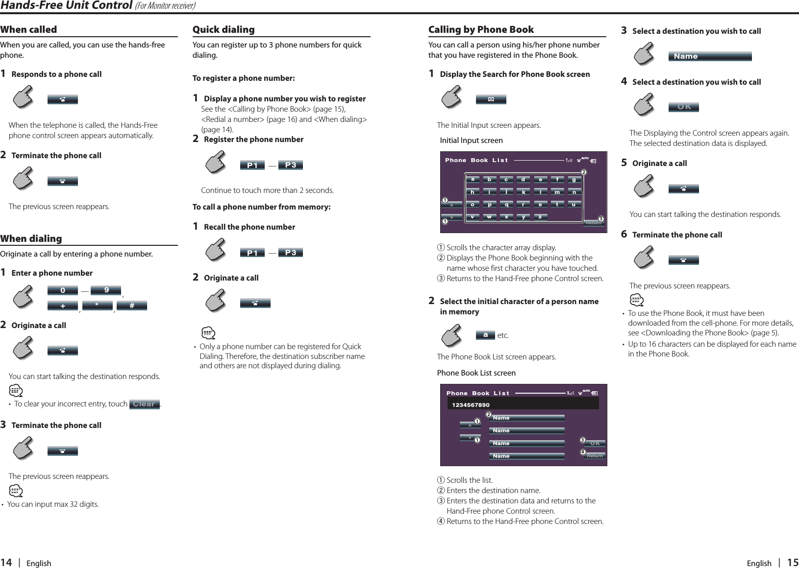 14   |   English English   |   15When calledWhen you are called, you can use the hands-free phone.1  Responds to a phone call      When the telephone is called, the Hands-Free phone control screen appears automatically.2  Terminate the phone call       The previous screen reappears.When dialingOriginate a call by entering a phone number.1  Enter a phone number      0 — 9, +, *, #2  Originate a call       You can start talking the destination responds.•  To clear your incorrect entry, touch Clear.3  Terminate the phone call       The previous screen reappears.•  You can input max 32 digits.Quick dialingYou can register up to 3 phone numbers for quick dialing.To register a phone number:1  Display a phone number you wish to registerSee the &lt;Calling by Phone Book&gt; (page 15), &lt;Redial a number&gt; (page 16) and &lt;When dialing&gt; (page 14).2  Register the phone number     P1 — P3 Continue to touch more than 2 seconds.To call a phone number from memory:1  Recall the phone number     P1 — P32  Originate a call      •  Only a phone number can be registered for Quick Dialing. Therefore, the destination subscriber name and others are not displayed during dialing.Calling by Phone BookYou can call a person using his/her phone number that you have registered in the Phone Book.1  Display the Search for Phone Book screen      The Initial Input screen appears.Initial Input screenPhone  Book  ListAUTObcd e fghi jklmnopqr s tuvwx yzaReturn13211  Scrolls the character array display.2  Displays the Phone Book beginning with the name whose first character you have touched.3  Returns to the Hand-Free phone Control screen.2  Select the initial character of a person name in memory     a etc. The Phone Book List screen appears.Phone Book List screenPhone  Book  ListNameNameNameNameAUTO1234567890OKReturn314121  Scrolls the list.2  Enters the destination name.3  Enters the destination data and returns to the Hand-Free phone Control screen.4  Returns to the Hand-Free phone Control screen.3  Select a destination you wish to call     Name4  Select a destination you wish to call      OKThe Displaying the Control screen appears again. The selected destination data is displayed.5  Originate a call       You can start talking the destination responds.6  Terminate the phone call      The previous screen reappears.•  To use the Phone Book, it must have been downloaded from the cell-phone. For more details, see &lt;Downloading the Phone Book&gt; (page 5).•  Up to 16 characters can be displayed for each name in the Phone Book. Hands-Free Unit Control (For Monitor receiver)