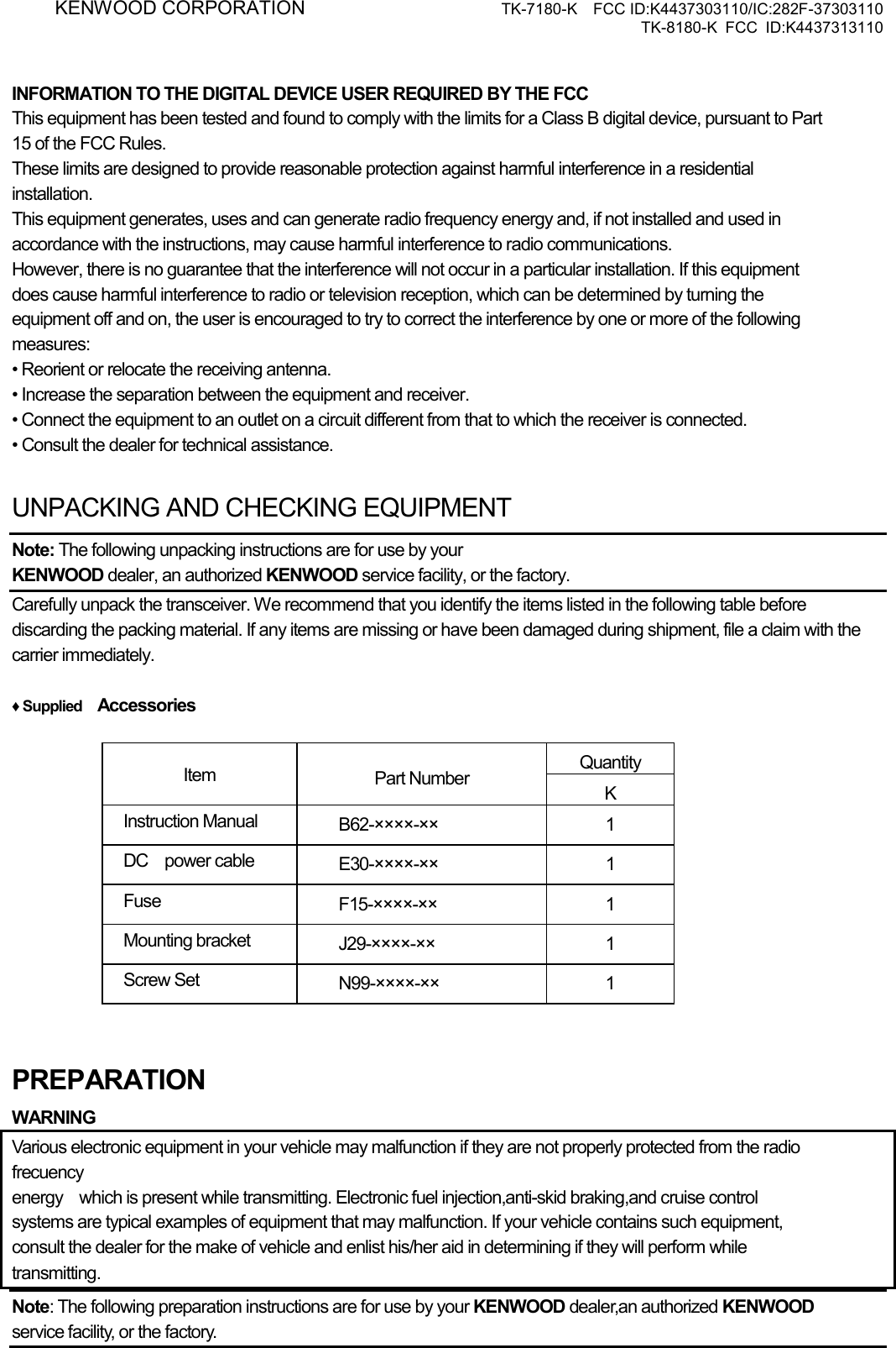 KENWOOD CORPORATION      TK-7180-K  FCC ID:K4437303110/IC:282F-37303110 TK-8180-K FCC ID:K4437313110   INFORMATION TO THE DIGITAL DEVICE USER REQUIRED BY THE FCC This equipment has been tested and found to comply with the limits for a Class B digital device, pursuant to Part   15 of the FCC Rules. These limits are designed to provide reasonable protection against harmful interference in a residential   installation. This equipment generates, uses and can generate radio frequency energy and, if not installed and used in   accordance with the instructions, may cause harmful interference to radio communications. However, there is no guarantee that the interference will not occur in a particular installation. If this equipment   does cause harmful interference to radio or television reception, which can be determined by turning the   equipment off and on, the user is encouraged to try to correct the interference by one or more of the following   measures: • Reorient or relocate the receiving antenna. • Increase the separation between the equipment and receiver. • Connect the equipment to an outlet on a circuit different from that to which the receiver is connected. • Consult the dealer for technical assistance.  UNPACKING AND CHECKING EQUIPMENT Note: The following unpacking instructions are for use by your KENWOOD dealer, an authorized KENWOOD service facility, or the factory. Carefully unpack the transceiver. We recommend that you identify the items listed in the following table before discarding the packing material. If any items are missing or have been damaged during shipment, file a claim with the carrier immediately.  ♦ Supplied   Accessories  Quantity Item  Part Number  K Instruction Manual  B62-××××-×× 1 DC  power cable  E30-××××-××  1 Fuse  F15-××××-×× 1 Mounting bracket  J29-××××-×× 1 Screw Set  N99-××××-×× 1  PREPARATION WARNING Various electronic equipment in your vehicle may malfunction if they are not properly protected from the radio   frecuency energy    which is present while transmitting. Electronic fuel injection,anti-skid braking,and cruise control   systems are typical examples of equipment that may malfunction. If your vehicle contains such equipment, consult the dealer for the make of vehicle and enlist his/her aid in determining if they will perform while   transmitting. Note: The following preparation instructions are for use by your KENWOOD dealer,an authorized KENWOOD  service facility, or the factory. 