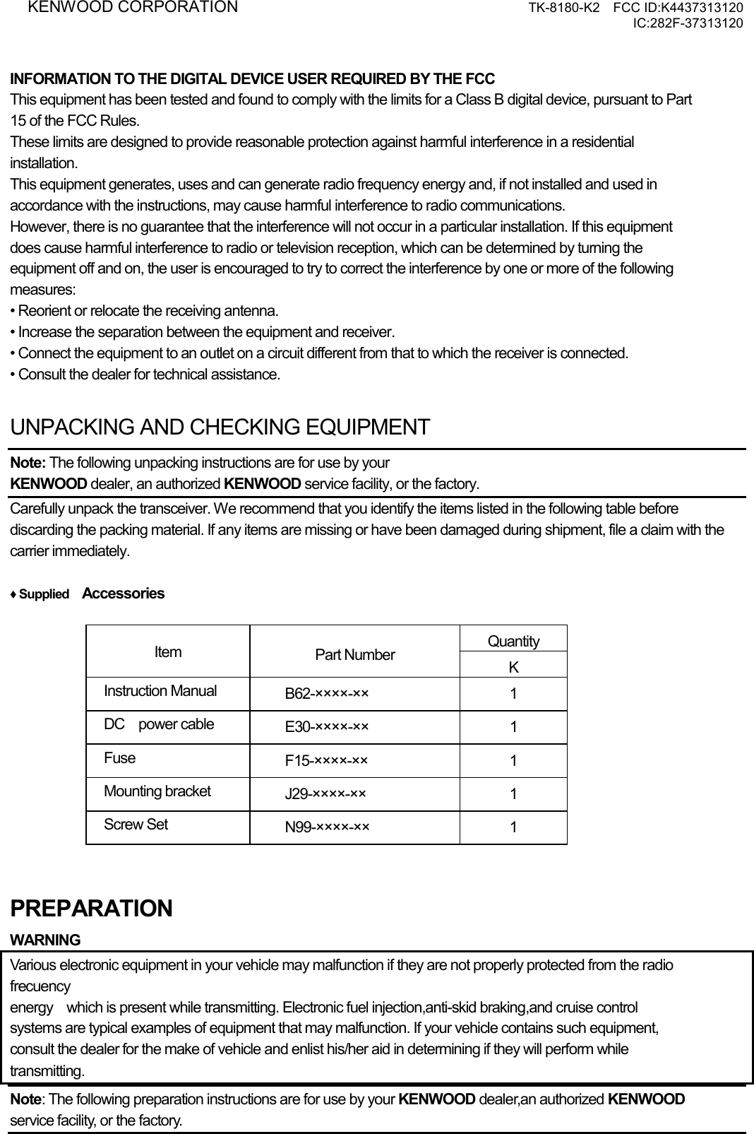 KENWOOD CORPORATION     TK-8180-K2  FCC ID:K4437313120 IC:282F-37313120   INFORMATION TO THE DIGITAL DEVICE USER REQUIRED BY THE FCC This equipment has been tested and found to comply with the limits for a Class B digital device, pursuant to Part   15 of the FCC Rules. These limits are designed to provide reasonable protection against harmful interference in a residential   installation. This equipment generates, uses and can generate radio frequency energy and, if not installed and used in   accordance with the instructions, may cause harmful interference to radio communications. However, there is no guarantee that the interference will not occur in a particular installation. If this equipment   does cause harmful interference to radio or television reception, which can be determined by turning the   equipment off and on, the user is encouraged to try to correct the interference by one or more of the following   measures: • Reorient or relocate the receiving antenna. • Increase the separation between the equipment and receiver. • Connect the equipment to an outlet on a circuit different from that to which the receiver is connected. • Consult the dealer for technical assistance.  UNPACKING AND CHECKING EQUIPMENT Note: The following unpacking instructions are for use by your KENWOOD dealer, an authorized KENWOOD service facility, or the factory. Carefully unpack the transceiver. We recommend that you identify the items listed in the following table before discarding the packing material. If any items are missing or have been damaged during shipment, file a claim with the carrier immediately.  ♦ Supplied   Accessories  Quantity Item  Part Number  K Instruction Manual  B62-××××-×× 1 DC  power cable  E30-××××-××  1 Fuse  F15-××××-×× 1 Mounting bracket  J29-××××-×× 1 Screw Set  N99-××××-×× 1  PREPARATION WARNING Various electronic equipment in your vehicle may malfunction if they are not properly protected from the radio   frecuency energy    which is present while transmitting. Electronic fuel injection,anti-skid braking,and cruise control   systems are typical examples of equipment that may malfunction. If your vehicle contains such equipment, consult the dealer for the make of vehicle and enlist his/her aid in determining if they will perform while   transmitting. Note: The following preparation instructions are for use by your KENWOOD dealer,an authorized KENWOOD  service facility, or the factory. 