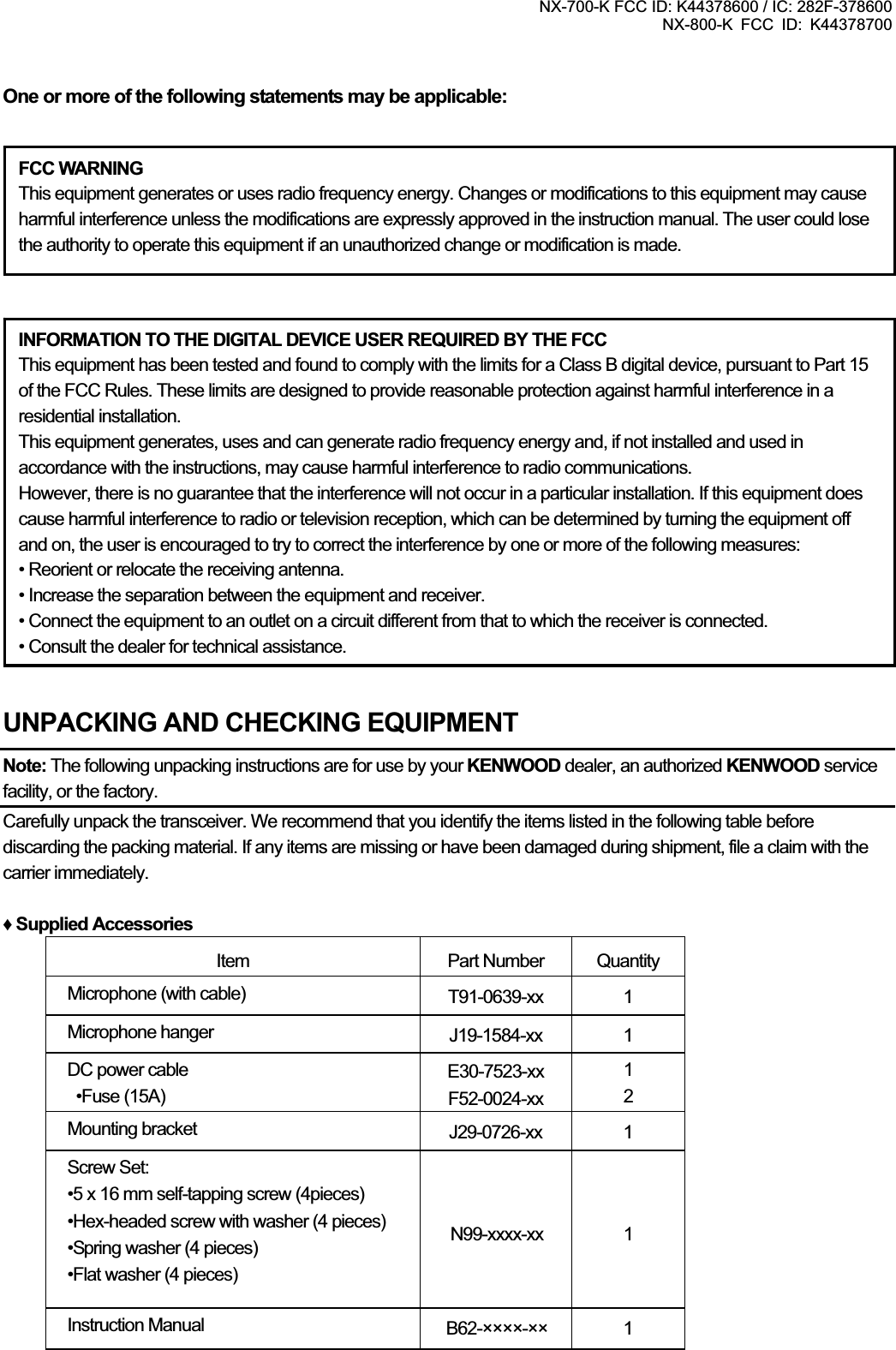 NX-700-K FCC ID: K44378600 / IC: 282F-378600 NX-800-K FCC ID: K44378700 One or more of the following statements may be applicable: FCC WARNING This equipment generates or uses radio frequency energy. Changes or modifications to this equipment may cause harmful interference unless the modifications are expressly approved in the instruction manual. The user could lose the authority to operate this equipment if an unauthorized change or modification is made.packing instructions are for use by your KENWOOD dealer, an authorized KENWOOD service UNPACKING AND CHECKING EQUIPMENTNote: The following unfacility, or the factory. Carefully unpack the transceiver. We recommend that you identify the items listed in the following table before discarding the packing material. If any items are missing or have been damaged during shipment, file a claim with the arrier immediately. Ƈ Supplied Accessories QuantitycItem Part Number Microphone (with cable) T91-0639-xx 1Microphone hanger J19-1584-xx 1DC power cable •Fuse (15A) E30-7523-xx F52-0024-xx12Mounting bracket  J29-0726-xx 1 Screw Set: •5 x 16 mm self-tapping screw (4pieces) •Hex-headed screw with washer (4 pieces) )•Flat washer (4 pieces) N99-xxxx-xx 1 •Spring washer (4 piecesInstruction Manual  B62-××××-×× 1 INFORMATION TO THE DIGITAL DEVICE USER REQUIRED BY THE FCC This equipment has been tested and found to comply with the limits for a Class B digital device, pursuant to Part 15 of the FCC Rules. These limits are designed to provide reasonable protection against harmful interference in a residential installation. This equipment generates, uses and can generate radio frequency energy and, if not installed and used in accordance with the instructions, may cause harmful interference to radio communications. However, there is no guarantee that the interference will not occur in a particular installation. If this equipment does cause harmful interference to radio or television reception, which can be determined by turning the equipment off and on, the user is encouraged to try to correct the interference by one or more of the following measures: • Reorient or relocate the receiving antenna. • Increase the separation between the equipment and receiver. • Connect the equipment to an outlet on a circuit different from that to which the receiver is connected. • Consult the dealer for technical assistance.