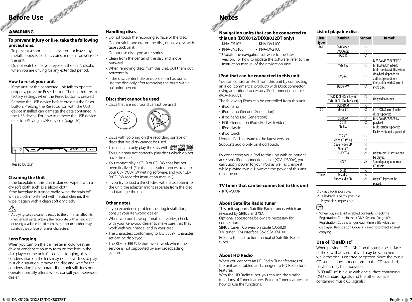 6     DNX8120/DDX812/DDX8032BT English     72WARNINGTo prevent injury or fire, take the following precautions:•  To prevent a short circuit, never put or leave any metallic objects (such as coins or metal tools) inside the unit.•  Do not watch or fix your eyes on the unit’s display when you are driving for any extended period.How to reset your unit•  If the unit  or the connected unit fails to operate properly, press the Reset button. The unit returns to factory settings when the Reset button is pressed. •  Remove the USB device before pressing the Reset button. Pressing the Reset button with the USB device installed can damage the data contained in the USB device. For how to remove the USB device, refer to &lt;Playing a USB device&gt; (page 10).Reset buttonCleaning the UnitIf the faceplate of this unit is stained, wipe it with a dry soft cloth such as a silicon cloth.If the faceplate is stained badly, wipe the stain off with a cloth moistened with neutral cleaner, then wipe it again with a clean soft dry cloth.¤•  Applying spray cleaner directly to the unit may affect its mechanical parts. Wiping the faceplate with a hard cloth or using a volatile liquid such as thinner or alcohol may scratch the surface or erases characters.Lens FoggingWhen you turn on the car heater in cold weather, dew or condensation may form on the lens in the disc player of the unit. Called lens fogging,  this condensation on the lens may not allow discs to play. In such a situation, remove the disc and wait for the condensation to evaporate. If the unit still does not operate normally after a while, consult your Kenwood dealer.Navigation units that can be connected to this unit (DDX812/DDX8032BT only)• KNA-G510*  • KNA-DV4100• KNA-DV3100  • KNA-DV2100* Update the navigation software to the latest version. For how to update the software, refer to the instruction manual of the navigation unit.iPod that can be connected to this unitYou can control an iPod from this unit by connecting an iPod (commercial product) with Dock connector using an optional accessory iPod connection cable (KCA-iP300V).The following iPods can be controlled from this unit.• iPod nano•  iPod nano (Second Generation)•  iPod nano (3rd Generation)•  Fifth Generation iPod (iPod with video)• iPod classic• iPod touchUpdate iPod software to the latest version.Supports audio only on iPod Touch.By connecting your iPod to this unit with an optional accessory iPod connection cable (KCA-iP300V), you can supply power to your iPod as well as charge it while playing music. However, the power of this unit must be on.TV tuner that can be connected to this unit• KTC-V300NAbout Satellite Radio tunerThis unit supports Satellite Radio tuners which are released by SIRIUS and XM.Optional accessories below are necessary for connection.SIRIUS tuner : Conversion cable CA-SR20XM tuner : XM interface Box KCA-XM100Refer to the instruction manual of Satellite Radio tuner.About HD RadioWhen you connect an HD Radio, Tuner features of the unit are disabled and changed to HD Radio tuner features.With the HD Radio tuner, you can use the similar functions of Tuner features. Refer to Tuner features for how to use the functions. List of playable discsDisc typesStandard Support RemarkDVD DVD Video ‡DVD Audio ‡DVD-R ‡MP3/WMA/AAC/JPEG/MPEG/DivX PlaybackMulti-border/Multisession/(Playback depends on authoring conditions)Compatible with 8-cm (3 inch) discsDVD-RW ‡DVD+R ‡DVD+RW ‡DVD-R DL (Dual layer) ‡Only video formatDVD+R DL (Double layer) ‡DVD-RAM ×CD Music CD ‡CD-TEXT/8-cm (3 inch) discs supported.CD-ROM ‡MP3/WMA/AAC/JPEG playbackMultisession supportedPacket write not supported.CD-R ‡CD-RW ‡DTS-CD ‡Video CD (VCD) ‡Super video CD ×Photo CD ×CD-EXTRA %Only music CD session can be played.HDCD %Sound quality of normal CD music CCCD ×Others Dualdisc ×Super audio CD %Only CD layer can be played.‡ : Playback is possible.% : Playback is partly possible.× : Playback is impossible.⁄•  When buying DRM enabled contents, check the Registration Code in the &lt;DivX Setup&gt; (page 89). Registration Code changes each time a file with the displayed Registration Code is played to protect against copying.Use of &quot;DualDisc&quot;When playing a &quot;DualDisc&quot; on this unit, the surface of the disc that is not played may be scratched while the disc is inserted or ejected. Since the music CD surface does not conform to the CD standard, playback may be impossible.(A &quot;DualDisc&quot; is a disc with one surface containing DVD standard signals and the other surface containing music CD signals.)Before UseHandling discs•  Do not touch the recording surface of the disc.•  Do not stick tape etc. on the disc, or use a disc with tape stuck on it.•  Do not use disc type accessories.•  Clean from the center of the disc and move outward.•  When removing discs from this unit, pull them out horizontally.•  If the disc center hole or outside rim has burrs, use the disc only after removing the burrs with a ballpoint pen etc.Discs that cannot be used•  Discs that are not round cannot be used.•  Discs with coloring on the recording surface or discs that are dirty cannot be used.•  This unit can only play the CDs with  .  This unit may not correctly play discs which do not have the mark.•  You cannot play a CD-R or CD-RW that has not been finalized. (For the finalization process refer to your CD-R/CD-RW writing software, and your CD-R/CD-RW recorder instruction manual.)•  If you try to load a 3-inch-disc with its adapter into the unit, the adapter might separate from the disc and damage the unit.Other notes•  If you experience problems during installation, consult your Kenwood dealer.•  When you purchase optional accessories, check with your Kenwood dealer to make sure that they work with your model and in your area.•  The characters conforming to ISO 8859-1 character set can be displayed.•  The RDS or RBDS feature won’t work where the service is not supported by any broadcasting station.Notes