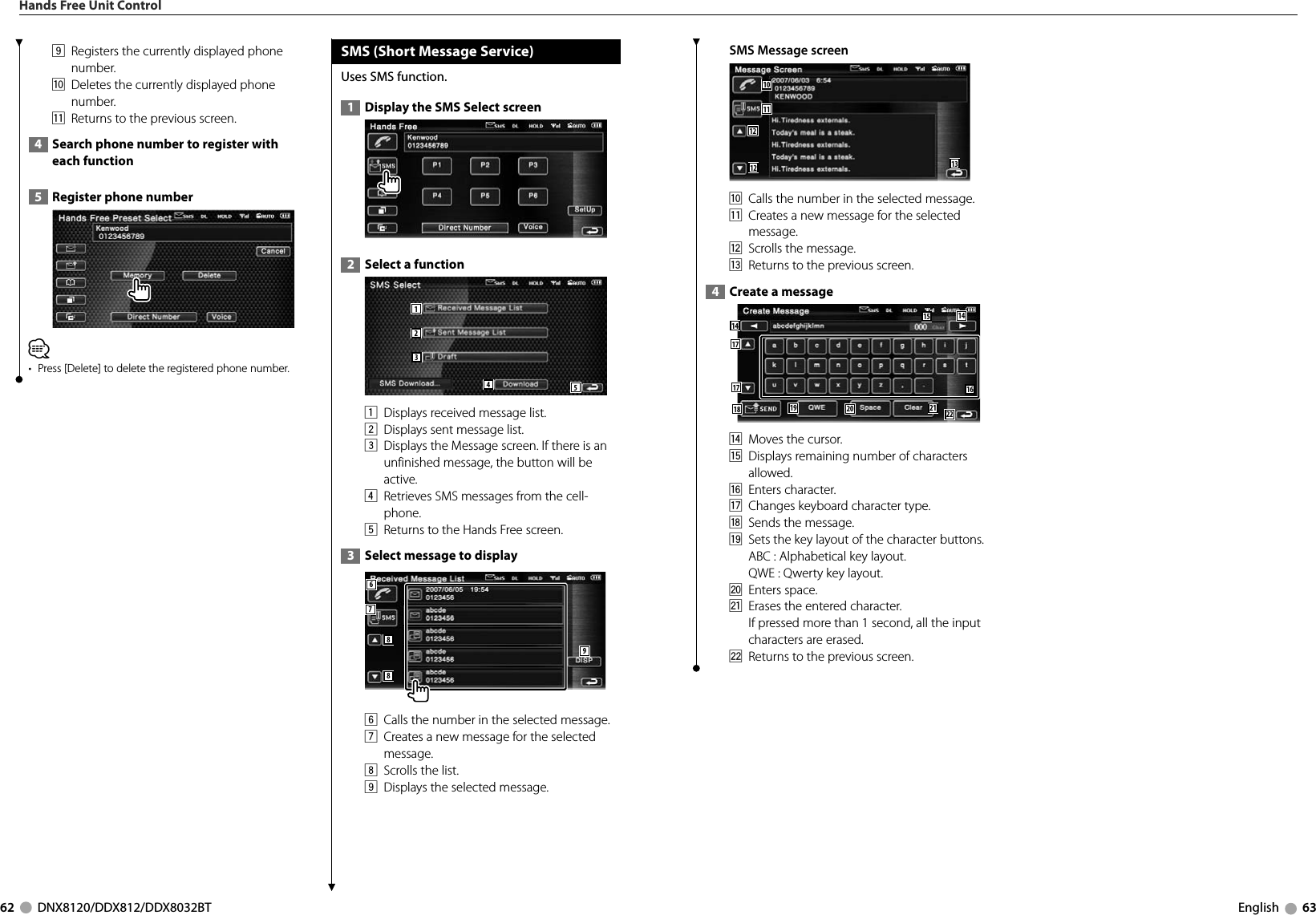 62     DNX8120/DDX812/DDX8032BT English     639  Registers the currently displayed phone number. p  Deletes the currently displayed phone number. q  Returns to the previous screen.  4   Search phone number to register with each function  5   Register phone number ⁄•  Press [Delete] to delete the registered phone number. SMS (Short Message Service)Uses SMS function.  1   Display the SMS Select screen  2   Select a function154231  Displays received message list. 2  Displays sent message list. 3  Displays the Message screen. If there is an unfinished message, the button will be active. 4  Retrieves SMS messages from the cell-phone. 5  Returns to the Hands Free screen.  3   Select message to display 678896  Calls the number in the selected message. 7  Creates a new message for the selected message. 8  Scrolls the list. 9  Displays the selected message. Hands Free Unit ControlSMS Message screen10111212 13p  Calls the number in the selected message. q  Creates a new message for the selected message. w  Scrolls the message. e  Returns to the previous screen.  4   Create a message 141416171718 19 20 21 2215r  Moves the cursor. t  Displays remaining number of characters allowed. y Enters character. u  Changes keyboard character type. i  Sends the message. o  Sets the key layout of the character buttons.   ABC : Alphabetical key layout.  QWE :  Qwerty key layout.; Enters space.a  Erases the entered character.   If pressed more than 1 second, all the input characters are erased.s  Returns to the previous screen.