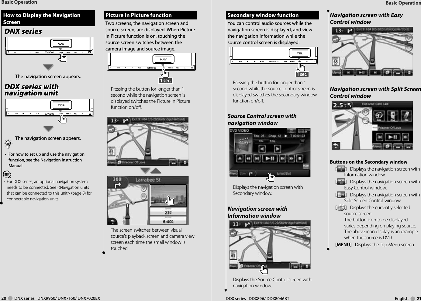 20     DNX series   DNX9960/ DNX7160/ DNX7020EX DDX series   DDX896/ DDX8046BT English     21 How to Display the Navigation  How to Display the Navigation ScreenScreenDNX seriesDNX seriesThe navigation screen appears.DDX series with DDX series with navigation unitnavigation unitThe navigation screen appears.•  For how to set up and use the navigation function, see the Navigation Instruction Manual.⁄•  For DDX series, an optional navigation system needs to be connected. See &lt;Navigation units that can be connected to this unit&gt; (page 8) for connectable navigation units.Basic OperationBasic Operation Picture in Picture function Picture in Picture functionTwo screens, the navigation screen and source screen, are displayed. When Picture in Picture function is on, touching the source screen switches between the camera image and source image.  1 sec. Pressing the button for longer than 1 second while the navigation screen is displayed switches the Picture in Picture function on/off.The screen switches between visual source&apos;s playback screen and camera view screen each time the small window is touched. Secondary window function Secondary window functionYou can control audio sources while the navigation screen is displayed, and view the navigation information while the source control screen is displayed. 1 sec. Pressing the button for longer than 1 second while the source control screen is displayed switches the secondary window function on/off.Source Control screen with navigation windowDisplays the navigation screen with  Secondary window.Navigation screen with Information windowDisplays the Source Control screen with navigation window.Navigation screen with Easy Control windowNavigation screen with Split Screen Control windowButtons on the Secondary window []   Displays the navigation screen with Information window.[]   Displays the navigation screen with Easy Control window.[]   Displays the navigation screen with Split Screen Control window.[]   Displays the currently selected source screen.The button icon to be displayed varies depending on playing source. The above icon display is an example when the source is DVD.[MENU]   Displays the Top Menu screen.