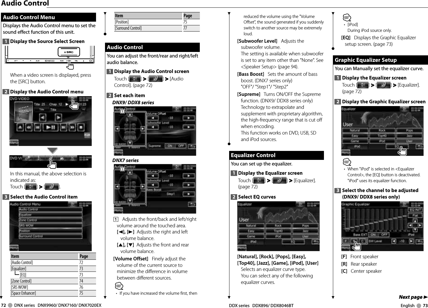 72     DNX series   DNX9960/ DNX7160/ DNX7020EX DDX series   DDX896/ DDX8046BT English     73Next page 3Next page 3reduced the volume using the &quot;Volume Offset&quot;, the sound generated if you suddenly switch to another source may be extremely loud.[Subwoofer Level]   Adjusts the subwoofer volume.The setting is available when subwoofer is set to any item other than &quot;None&quot;. See &lt;Speaker Setup&gt; (page 94).[Bass Boost]   Sets the amount of bass boost. (DNX7 series only)&quot;OFF&quot;/ &quot;Step1&quot;/ &quot;Step2&quot;[Supreme]   Turns ON/OFF the Supreme function. (DNX9/ DDX8 series only)Technology to extrapolate and supplement with proprietary algorithm, the high-frequency range that is cut off when encoding. This function works on DVD, USB, SD and iPod sources. Equalizer Control Equalizer  ControlYou can set up the equalizer.1  Display the Equalizer screenTouch [ ] &gt;  &gt; [ ] &gt;  &gt; [Equalizer]. (page 72)2  Select EQ curves[Natural], [Rock], [Pops], [Easy], [Top40], [Jazz], [Game], [iPod], [User]  Selects an equalizer curve type.You can select any of the following equalizer curves.⁄• [iPod]During iPod source only.[EQ]   Displays the Graphic Equalizer setup screen. (page 73) Graphic Equalizer Setup Graphic Equalizer SetupYou can Manually set the equalizer curve.1  Display the Equalizer screenTouch [ ] &gt;  &gt; [ ] &gt;  &gt; [Equalizer]. (page 72)2  Display the Graphic Equalizer screen⁄•  When &quot;iPod&quot; is selected in &lt;Equalizer Control&gt;, the [EQ] button is deactivated. &quot;iPod&quot; uses its equalizer function.3  Select the channel to be adjusted(DNX9/ DDX8 series only)[F]   Front speaker[R]   Rear speaker[C]   Center speaker Audio Control Menu Audio Control MenuDisplays the Audio Control menu to set the sound effect function of this unit.1  Display the Source Select ScreenWhen a video screen is displayed, press the [SRC] button.2  Display the Audio Control menuIn this manual, the above selection is indicated as: Touch [ ] &gt;  &gt; [ ]. 3  Select the Audio Control itemItem Page[Audio Control] 72[Equalizer] 73[EQ] 73[Zone Control] 74[SRS WOW] 76[Space Enhancer] 75Audio ControlItem Page[Position] 75[Surround Control] 77 Audio Control Audio  ControlYou can adjust the front/rear and right/left audio balance.1  Display the Audio Control screenTouch [ ] &gt;  &gt; [ ] &gt;  &gt; [Audio Control]. (page 72)2  Set each itemDNX9/ DDX8 series111DNX7 series1111    Adjusts the front/back and left/right volume around the touched area. [2], [3]  Adjusts the right and left volume balance.[5], [∞]  Adjusts the front and rear volume balance.[Volume Offset]   Finely adjust the volume of the current source to minimize the difference in volume between different sources. ⁄•  If you have increased the volume first, then 