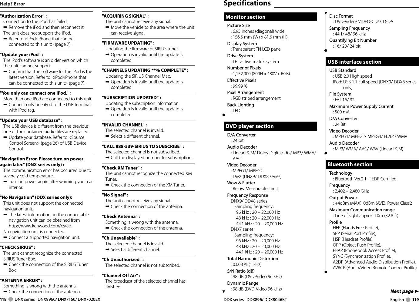 118     DNX series   DNX9960/ DNX7160/ DNX7020EX DDX series   DDX896/ DDX8046BT English     119Next page 3&quot;Authorization Error&quot; : Connection to the iPod has failed.➡ Remove the iPod and then reconnect it.The unit does not support the iPod.➡ Refer to &lt;iPod/iPhone that can be connected to this unit&gt; (page 7).&quot;Update your iPod&quot; : The iPod&apos;s software is an older version which the unit can not support.➡ Confirm that the software for the iPod is the latest version. Refer to &lt;iPod/iPhone that can be connected to this unit&gt; (page 7).&quot;You only can connect one iPod.&quot; : More than one iPod are connected to this unit.➡ Connect only one iPod to the USB terminal with iPod tag.&quot;Update your USB database&quot; : The USB device is different from the previous one or the contained audio files are replaced.➡ Update your database. Refer to &lt;Source Control Screen&gt; (page 26) of USB Device Control.&quot;Navigation Error. Please turn on power again later.&quot; (DNX series only) : The communication error has occurred due to severely cold temperature.➡ Turn on power again after warming your car interior.&quot;No Navigation&quot; (DDX series only): This unit does not support the connected navigation unit.➡ The latest information on the connectable navigation unit can be obtained from http://www.kenwood.com/cs/ce.No navigation unit is connected.➡ Connect a supported navigation unit.&quot;CHECK SIRIUS&quot; : The unit cannot recognize the connected SIRIUS Tuner Box.➡ Check the connection of the SIRIUS Tuner Box.&quot;ANTENNA ERROR&quot; : Something is wrong with the antenna.➡ Check the connection of the antenna.&quot;ACQUIRING SIGNAL&quot; : The unit cannot receive any signal.➡ Move the vehicle to the area where the unit can receive signal.&quot;FIRMWARE UPDATING&quot; : Updating the firmware of SIRIUS tuner. ➡ Operation is invalid until the update is completed.&quot;CHANNELS UPDATING **% COMPLETE&quot; : Updating the SIRIUS Channel Map. ➡ Operation is invalid until the update is completed.&quot;SUBSCRIPTION UPDATED&quot; : Updating the subscription information. ➡ Operation is invalid until the update is completed.&quot;INVALID CHANNEL&quot; : The selected channel is invalid.➡ Select a different channel.&quot;CALL 888-539-SIRIUS TO SUBSCRIBE&quot; : The selected channel is not subscribed.➡ Call the displayed number for subscription.&quot;Check XM Tuner&quot; : The unit cannot recognize the connected XM Tuner.➡ Check the connection of the XM Tuner.&quot;No Signal&quot; : The unit cannot receive any signal.➡ Check the connection of the antenna.&quot;Check Antenna&quot; : Something is wrong with the antenna.➡ Check the connection of the antenna.&quot;Ch Unavailable&quot; : The selected channel is invalid.➡ Select a different channel.&quot;Ch Unauthorized&quot; : The selected channel is not subscribed.&quot;Channel Off Air&quot; : The broadcast of the selected channel has finished.Help? Error SpecificationsMonitor sectionMonitor sectionPicture Size: 6.95 inches (diagonal) wide: 156.6 mm (W) x 81.6 mm (H)Display System: Transparent TN LCD panelDrive System: TFT active matrix systemNumber of Pixels: 1,152,000 (800H x 480V x RGB)Effective Pixels: 99.99 %Pixel Arrangement: RGB striped arrangementBack Lighting: LEDDVD player sectionDVD player sectionD/A Converter: 24 bitAudio Decoder:  Linear PCM/ Dolby Digital/ dts/ MP3/ WMA/ AACVideo Decoder:  MPEG1/ MPEG2:  DivX (DNX9/ DDX8 series)Wow &amp; Flutter: Below Measurable LimitFrequency ResponseDNX9/ DDX8 seriesSampling frequency; 96 kHz : 20 – 22,000 Hz48 kHz : 20 – 22,000 Hz44.1 kHz : 20 – 20,000 HzDNX7 seriesSampling frequency; 96 kHz : 20 – 20,000 Hz48 kHz : 20 – 20,000 Hz44.1 kHz : 20 – 20,000 HzTotal Harmonic Distortion: 0.008 % (1 kHz)S/N Ratio (dB): 98 dB (DVD-Video 96 kHz)Dynamic Range: 98 dB (DVD-Video 96 kHz)Disc Format: DVD-Video/ VIDEO-CD/ CD-DASampling Frequency: 44.1/ 48/ 96 kHzQuantifying Bit Number: 16/ 20/ 24 bitUSB interface sectionUSB interface sectionUSB Standard: USB 2.0 High speediPod:  USB 1.1 Full speed (DNX9/ DDX8 series only)File System: FAT 16/ 32Maximum Power Supply Current: 500 mAD/A Converter: 24 BitVideo Decoder:  MPEG1/ MPEG2/ MPEG4/ H.264/ WMVAudio Decoder: MP3/ WMA/ AAC/ WAV (Linear PCM)Bluetooth sectionBluetooth sectionTechnology: Bluetooth Ver.2.1 + EDR CertifiedFrequency:  2.402 – 2.480 GHzOutput Power:  +4dBm (MAX), 0dBm (AVE), Power Class2Maximum Communication range:  Line of sight approx. 10m (32.8 ft)ProfileHFP (Hands Free Profile), SPP (Serial Port Profile), HSP (Headset Profile), OPP (Object Push Profile), PBAP (Phonebook Access Profile), SYNC (Synchronization Profile), A2DP (Advanced Audio Distribution Profile), AVRCP (Audio/Video Remote Control Profile)