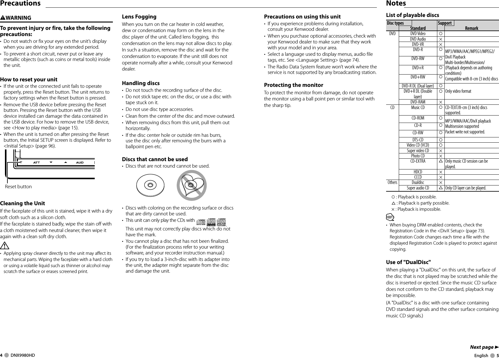 4     DNX9980HD  English     5Next page 3 List of playable discsDisc types SupportStandard RemarkDVD DVD Video ‡DVD Audio ×DVD-VR ×DVD-R ‡MP3/WMA/AAC/MPEG1/MPEG2/DivX PlaybackMulti-border/Multisession/(Playback depends on authoring conditions)Compatible with 8-cm (3 inch) discsDVD-RW ‡DVD+R ‡DVD+RW ‡DVD-R DL (Dual layer) ‡Only video formatDVD+R DL (Double layer)‡DVD-RAM ×CD Music CD ‡CD-TEXT/8-cm (3 inch) discs supported.CD-ROM ‡MP3/WMA/AAC/DivX playbackMultisession supportedPacket write not supported.CD-R ‡CD-RW ‡DTS-CD ‡Video CD (VCD) ‡Super video CD ×Photo CD ×CD-EXTRA %Only music CD session can be played.HDCD ×CCCD ×Others Dualdisc ×Super audio CD %Only CD layer can be played.‡ : Playback is possible.% : Playback is partly possible.× : Playback is impossible.⁄•  When buying DRM enabled contents, check the Registration Code in the &lt;DivX Setup&gt; (page 73). Registration Code changes each time a file with the displayed Registration Code is played to protect against copying.Use of &quot;DualDisc&quot;When playing a &quot;DualDisc&quot; on this unit, the surface of the disc that is not played may be scratched while the disc is inserted or ejected. Since the music CD surface does not conform to the CD standard, playback may be impossible.(A &quot;DualDisc&quot; is a disc with one surface containing DVD standard signals and the other surface containing music CD signals.)NotesPrecautions2WARNINGTo prevent injury or fire, take the following precautions:•  Do not watch or fix your eyes on the unit’s display when you are driving for any extended period.•  To prevent a short circuit, never put or leave any metallic objects (such as coins or metal tools) inside the unit. How to reset your unit•  If the unit or the connected unit fails to operate properly, press the Reset button. The unit returns to factory settings when the Reset button is pressed. •  Remove the USB device before pressing the Reset button. Pressing the Reset button with the USB device installed can damage the data contained in the USB device. For how to remove the USB device, see &lt;How to play media&gt; (page 15).•  When the unit is turned on after pressing the Reset button, the Initial SETUP screen is displayed. Refer to &lt;Initial Setup&gt; (page 96).Reset buttonCleaning the UnitIf the faceplate of this unit is stained, wipe it with a dry soft cloth such as a silicon cloth.If the faceplate is stained badly, wipe the stain off with a cloth moistened with neutral cleaner, then wipe it again with a clean soft dry cloth.¤•  Applying spray cleaner directly to the unit may affect its mechanical parts. Wiping the faceplate with a hard cloth or using a volatile liquid such as thinner or alcohol may scratch the surface or erases screened print.Lens FoggingWhen you turn on the car heater in cold weather, dew or condensation may form on the lens in the disc player of the unit. Called lens fogging,  this condensation on the lens may not allow discs to play. In such a situation, remove the disc and wait for the condensation to evaporate. If the unit still does not operate normally after a while, consult your Kenwood dealer. Handling  discs•  Do not touch the recording surface of the disc.•  Do not stick tape etc. on the disc, or use a disc with tape stuck on it.•  Do not use disc type accessories.•  Clean from the center of the disc and move outward.•  When removing discs from this unit, pull them out horizontally.•  If the disc center hole or outside rim has burrs, use the disc only after removing the burrs with a ballpoint pen etc.Discs that cannot be used•  Discs that are not round cannot be used.•  Discs with coloring on the recording surface or discs that are dirty cannot be used.•  This unit can only play the CDs with  .  This unit may not correctly play discs which do not have the mark.•  You cannot play a disc that has not been finalized. (For the finalization process refer to your writing software, and your recorder instruction manual.)•  If you try to load a 3-inch-disc with its adapter into the unit, the adapter might separate from the disc and damage the unit.Precautions on using this unit•  If you experience problems during installation, consult your Kenwood dealer.•  When you purchase optional accessories, check with your Kenwood dealer to make sure that they work with your model and in your area.•  Select a language used to display menus, audio file tags, etc. See &lt;Language Setting&gt; (page 74).•  The Radio Data System feature won’t work where the service is not supported by any broadcasting station.Protecting the monitorTo protect the monitor from damage, do not operate the monitor using a ball point pen or similar tool with the sharp tip. DNX9980HD_K_English.indd   4-5 10/11/04   18:22