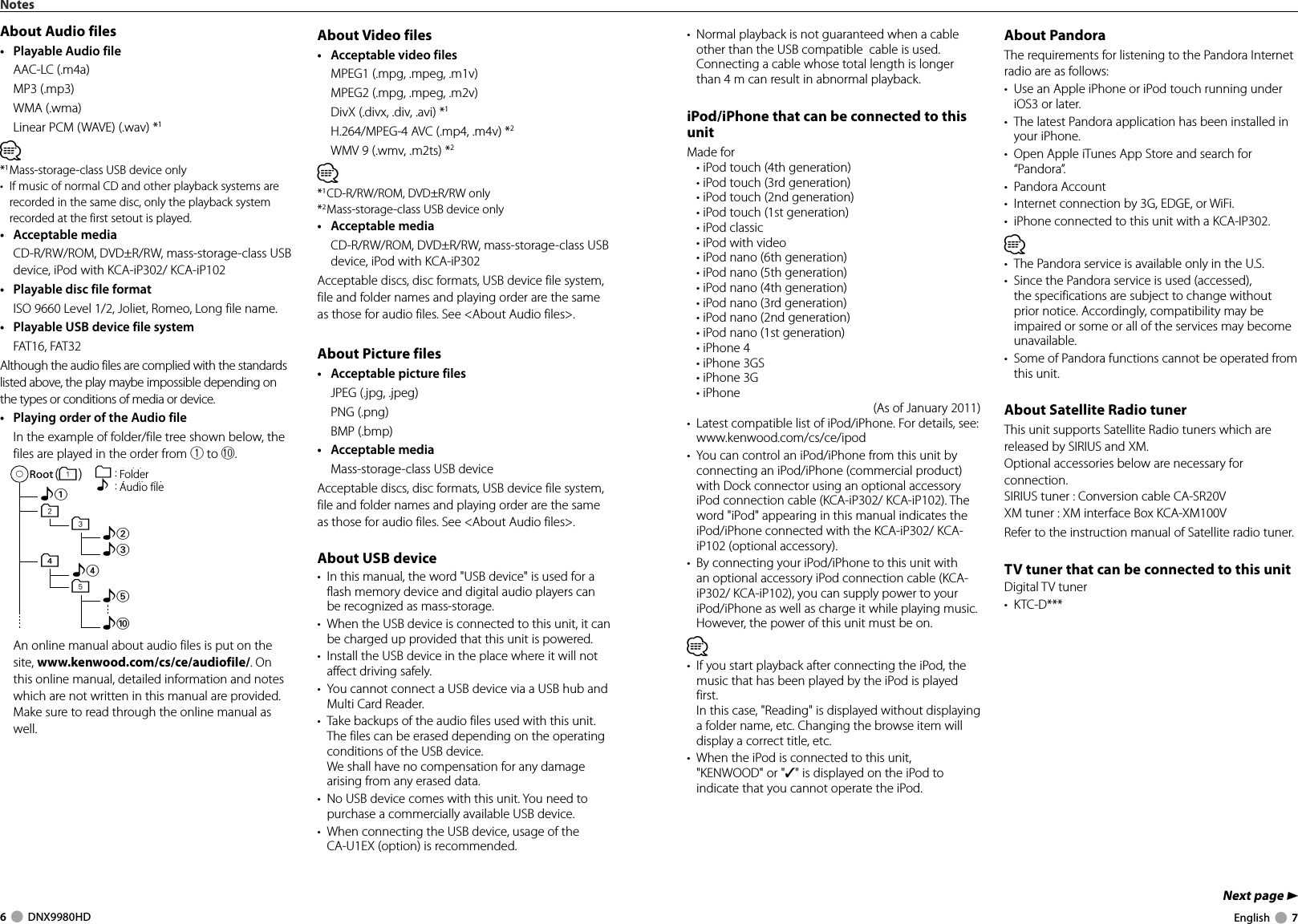 6     DNX9980HD  English     7Next page 3Notes About Audio files•  Playable Audio file  AAC-LC (.m4a)   MP3 (.mp3)   WMA (.wma)    Linear PCM (WAVE) (.wav) *1⁄*1 Mass-storage-class USB device only•  If music of normal CD and other playback systems are recorded in the same disc, only the playback system recorded at the first setout is played.•  Acceptable media   CD-R/RW/ROM, DVD±R/RW, mass-storage-class USB device, iPod with KCA-iP302/ KCA-iP102•   Playable disc file format   ISO 9660 Level 1/2, Joliet, Romeo, Long file name.•   Playable USB device file system FAT16, FAT32Although the audio files are complied with the standards listed above, the play maybe impossible depending on the types or conditions of media or device. •   Playing order of the Audio file   In the example of folder/file tree shown below, the files are played in the order from ① to ⑩.Root¡! 2 (1)^ : Folder¡ : Audio ﬁle3 ¡$ 4 ¡&quot; ¡# ¡P 5  ¡% FolderAudio file   An online manual about audio files is put on the site, www.kenwood.com/cs/ce/audiofile/. On this online manual, detailed information and notes which are not written in this manual are provided. Make sure to read through the online manual as well. About  Video  files•   Acceptable video files   MPEG1 (.mpg, .mpeg, .m1v)   MPEG2 (.mpg, .mpeg, .m2v)   DivX (.divx, .div, .avi) *1   H.264/MPEG-4 AVC (.mp4, .m4v) *2   WMV 9 (.wmv, .m2ts) *2⁄*1 CD-R/RW/ROM, DVD±R/RW only*2 Mass-storage-class USB device only•  Acceptable media   CD-R/RW/ROM, DVD±R/RW, mass-storage-class USB device, iPod with KCA-iP302Acceptable discs, disc formats, USB device file system, file and folder names and playing order are the same as those for audio files. See &lt;About Audio files&gt;. About Picture files•  Acceptable picture files  JPEG (.jpg, .jpeg) PNG (.png) BMP (.bmp)• Acceptable media   Mass-storage-class USB deviceAcceptable discs, disc formats, USB device file system, file and folder names and playing order are the same as those for audio files. See &lt;About Audio files&gt;.About USB device•  In this manual, the word &quot;USB device&quot; is used for a flash memory device and digital audio players can be recognized as mass-storage.•  When the USB device is connected to this unit, it can be charged up provided that this unit is powered.•  Install the USB device in the place where it will not affect driving safely.•  You cannot connect a USB device via a USB hub and Multi Card Reader.•  Take backups of the audio files used with this unit. The files can be erased depending on the operating conditions of the USB device. We shall have no compensation for any damage arising from any erased data.•  No USB device comes with this unit. You need to purchase a commercially available USB device.•  When connecting the USB device, usage of the CA-U1EX (option) is recommended. •  Normal playback is not guaranteed when a cable other than the USB compatible  cable is used. Connecting a cable whose total length is longer than 4 m can result in abnormal playback. iPod/iPhone that can be connected to this unitMade for • iPod touch (4th generation)• iPod touch (3rd generation)• iPod touch (2nd generation)• iPod touch (1st generation)• iPod classic• iPod with video• iPod nano (6th generation)• iPod nano (5th generation)• iPod nano (4th generation)• iPod nano (3rd generation)• iPod nano (2nd generation)• iPod nano (1st generation)• iPhone 4• iPhone 3GS• iPhone 3G• iPhone(As of January 2011)•  Latest compatible list of iPod/iPhone. For details, see: www.kenwood.com/cs/ce/ipod •  You can control an iPod/iPhone from this unit by connecting an iPod/iPhone (commercial product) with Dock connector using an optional accessory iPod connection cable (KCA-iP302/ KCA-iP102). The word &quot;iPod&quot; appearing in this manual indicates the iPod/iPhone connected with the KCA-iP302/ KCA-iP102 (optional accessory).•  By connecting your iPod/iPhone to this unit with an optional accessory iPod connection cable (KCA-iP302/ KCA-iP102), you can supply power to your iPod/iPhone as well as charge it while playing music. However, the power of this unit must be on.⁄•  If you start playback after connecting the iPod, the music that has been played by the iPod is played first. In this case, &quot;Reading&quot; is displayed without displaying a folder name, etc. Changing the browse item will display a correct title, etc.•  When the iPod is connected to this unit, &quot;KENWOOD&quot; or &quot;✓&quot; is displayed on the iPod to indicate that you cannot operate the iPod.About PandoraThe requirements for listening to the Pandora Internet radio are as follows:•  Use an Apple iPhone or iPod touch running under iOS3 or later. •  The latest Pandora application has been installed in your iPhone. •  Open Apple iTunes App Store and search for “Pandora”.• Pandora Account•  Internet connection by 3G, EDGE, or WiFi. •  iPhone connected to this unit with a KCA-IP302.⁄•  The Pandora service is available only in the U.S.•  Since the Pandora service is used (accessed), the specifications are subject to change without prior notice. Accordingly, compatibility may be impaired or some or all of the services may become unavailable. •  Some of Pandora functions cannot be operated from this unit. About Satellite Radio tunerThis unit supports Satellite Radio tuners which are released by SIRIUS and XM.Optional accessories below are necessary for connection.SIRIUS tuner : Conversion cable CA-SR20VXM tuner : XM interface Box KCA-XM100VRefer to the instruction manual of Satellite radio tuner.TV tuner that can be connected to this unitDigital TV tuner• KTC-D***DNX9980HD_K_English.indd   6-7 10/11/04   18:22