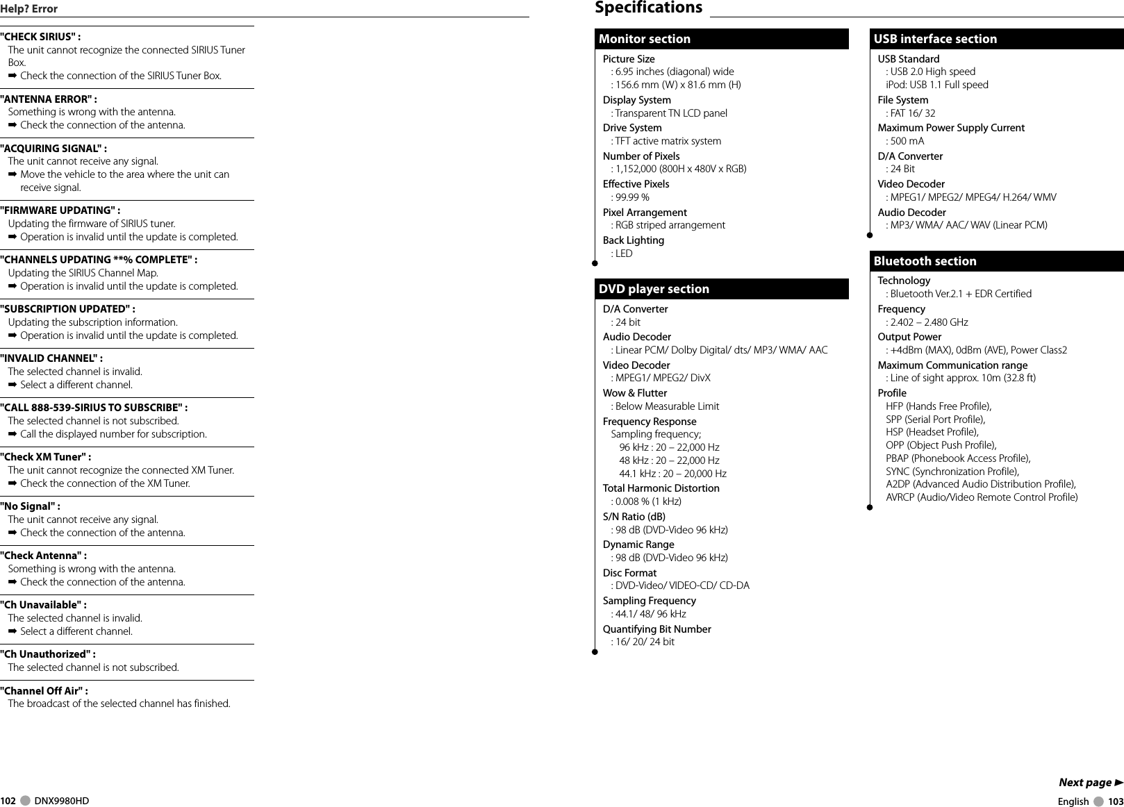 102     DNX9980HD  English     103Next page 3&quot;CHECK SIRIUS&quot; : The unit cannot recognize the connected SIRIUS Tuner Box.➡ Check the connection of the SIRIUS Tuner Box.&quot;ANTENNA ERROR&quot; : Something is wrong with the antenna.➡ Check the connection of the antenna.&quot;ACQUIRING SIGNAL&quot; : The unit cannot receive any signal.➡ Move the vehicle to the area where the unit can receive signal.&quot;FIRMWARE UPDATING&quot; : Updating the firmware of SIRIUS tuner. ➡ Operation is invalid until the update is completed.&quot;CHANNELS UPDATING **% COMPLETE&quot; : Updating the SIRIUS Channel Map. ➡ Operation is invalid until the update is completed.&quot;SUBSCRIPTION UPDATED&quot; : Updating the subscription information. ➡ Operation is invalid until the update is completed.&quot;INVALID CHANNEL&quot; : The selected channel is invalid.➡ Select a different channel.&quot;CALL 888-539-SIRIUS TO SUBSCRIBE&quot; : The selected channel is not subscribed.➡ Call the displayed number for subscription.&quot;Check XM Tuner&quot; : The unit cannot recognize the connected XM Tuner.➡ Check the connection of the XM Tuner.&quot;No Signal&quot; : The unit cannot receive any signal.➡ Check the connection of the antenna.&quot;Check Antenna&quot; : Something is wrong with the antenna.➡ Check the connection of the antenna.&quot;Ch Unavailable&quot; : The selected channel is invalid.➡ Select a different channel.&quot;Ch Unauthorized&quot; : The selected channel is not subscribed.&quot;Channel Off Air&quot; : The broadcast of the selected channel has finished.Help? Error SpecificationsMonitor sectionMonitor sectionPicture Size: 6.95 inches (diagonal) wide: 156.6 mm (W) x 81.6 mm (H)Display System: Transparent TN LCD panelDrive System: TFT active matrix systemNumber of Pixels: 1,152,000 (800H x 480V x RGB)Effective Pixels: 99.99 %Pixel Arrangement: RGB striped arrangementBack Lighting: LEDDVD player sectionDVD player sectionD/A Converter: 24 bitAudio Decoder:  Linear PCM/ Dolby Digital/ dts/ MP3/ WMA/ AACVideo Decoder:  MPEG1/ MPEG2/ DivX Wow &amp; Flutter: Below Measurable LimitFrequency ResponseSampling frequency; 96 kHz : 20 – 22,000 Hz48 kHz : 20 – 22,000 Hz44.1 kHz : 20 – 20,000 HzTotal Harmonic Distortion: 0.008 % (1 kHz)S/N Ratio (dB): 98 dB (DVD-Video 96 kHz)Dynamic Range: 98 dB (DVD-Video 96 kHz)Disc Format: DVD-Video/ VIDEO-CD/ CD-DASampling Frequency: 44.1/ 48/ 96 kHzQuantifying Bit Number: 16/ 20/ 24 bitUSB interface sectionUSB interface sectionUSB Standard: USB 2.0 High speediPod:  USB 1.1 Full speedFile System: FAT 16/ 32Maximum Power Supply Current: 500 mAD/A Converter: 24 BitVideo Decoder:  MPEG1/ MPEG2/ MPEG4/ H.264/ WMVAudio Decoder: MP3/ WMA/ AAC/ WAV (Linear PCM)Bluetooth sectionBluetooth sectionTechnology: Bluetooth Ver.2.1 + EDR CertifiedFrequency:  2.402 – 2.480 GHzOutput Power:  +4dBm (MAX), 0dBm (AVE), Power Class2Maximum Communication range:  Line of sight approx. 10m (32.8 ft)ProfileHFP (Hands Free Profile), SPP (Serial Port Profile), HSP (Headset Profile), OPP (Object Push Profile), PBAP (Phonebook Access Profile), SYNC (Synchronization Profile), A2DP (Advanced Audio Distribution Profile), AVRCP (Audio/Video Remote Control Profile)DNX9980HD_K_English.indd   102-103 10/11/04   18:23