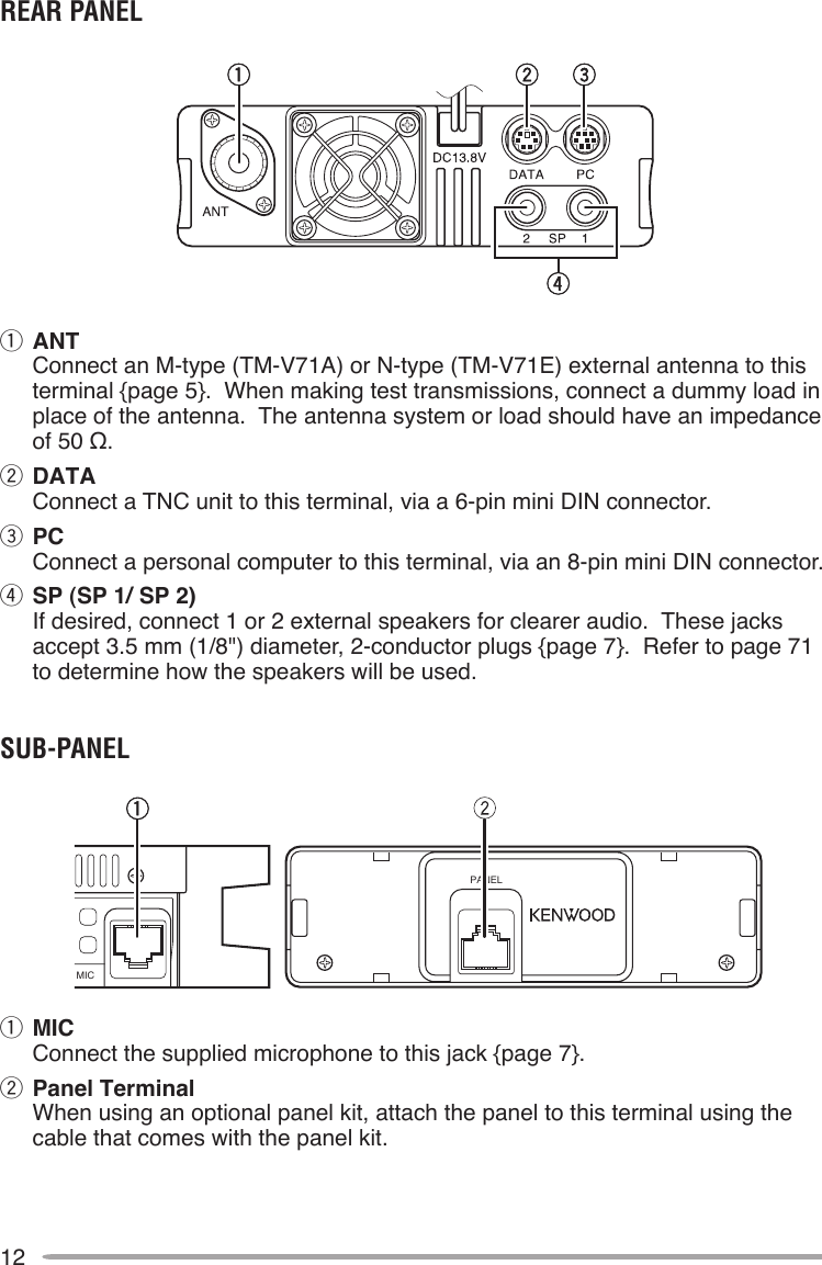 12rEAr PANElq  ANT Connect an M-type (TM-V71A) or N-type (TM-V71E) external antenna to this terminal {page 5}.  When making test transmissions, connect a dummy load in place of the antenna.  The antenna system or load should have an impedance of 50 Ω.w DATA Connect a TNC unit to this terminal, via a 6-pin mini DIN connector.e PC Connect a personal computer to this terminal, via an 8-pin mini DIN connector.r SP (SP 1/ SP 2) If desired, connect 1 or 2 external speakers for clearer audio.  These jacks accept 3.5 mm (1/8&quot;) diameter, 2-conductor plugs {page 7}.  Refer to page 71 to determine how the speakers will be used.sUb-PANElq  MIC Connect the supplied microphone to this jack {page 7}.w Panel Terminal When using an optional panel kit, attach the panel to this terminal using the cable that comes with the panel kit.MICPANEL