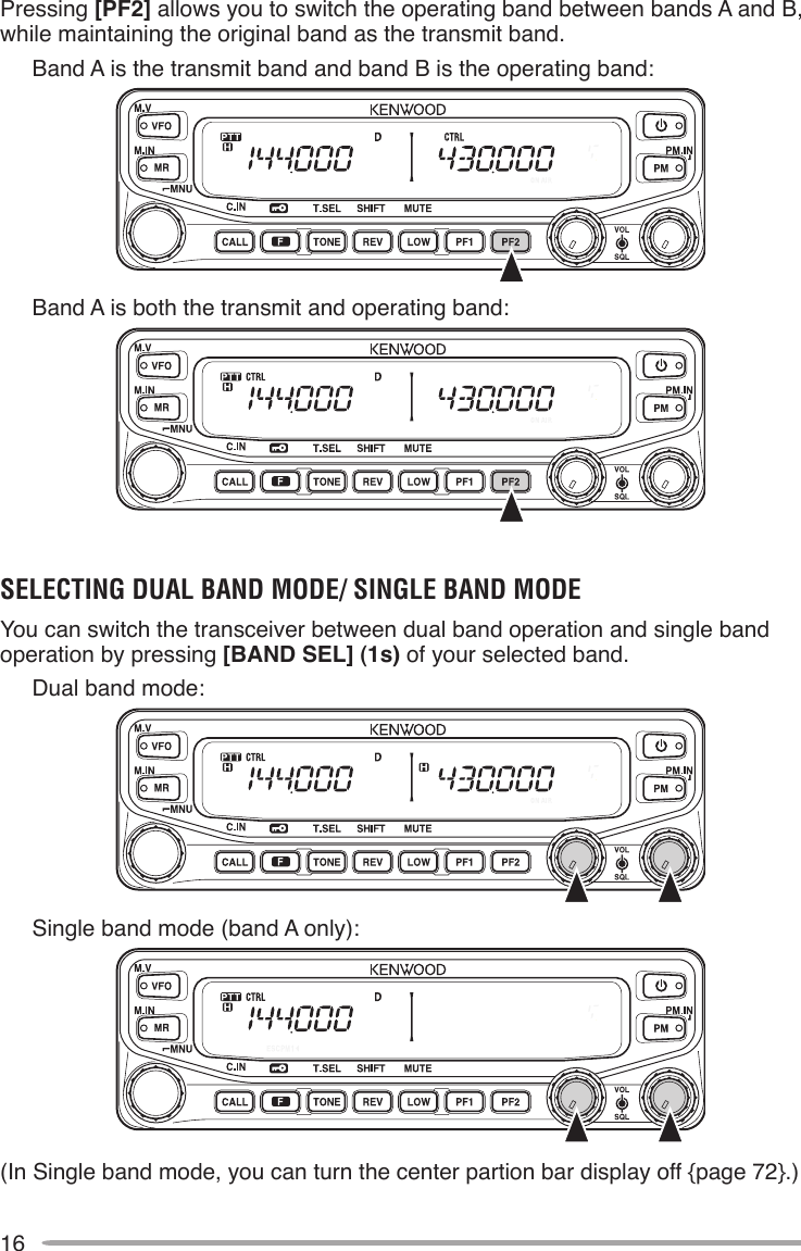 16Pressing [PF2] allows you to switch the operating band between bands A and B, while maintaining the original band as the transmit band.  Band A is the transmit band and band B is the operating band:  Band A is both the transmit and operating band:SELECTING DUAL BAND MODE/ SINGLE BAND MODEYou can switch the transceiver between dual band operation and single band operation by pressing [BAND SEL] (1s) of your selected band.  Dual band mode:  Single band mode (band A only):(In Single band mode, you can turn the center partion bar display off {page 72}.)