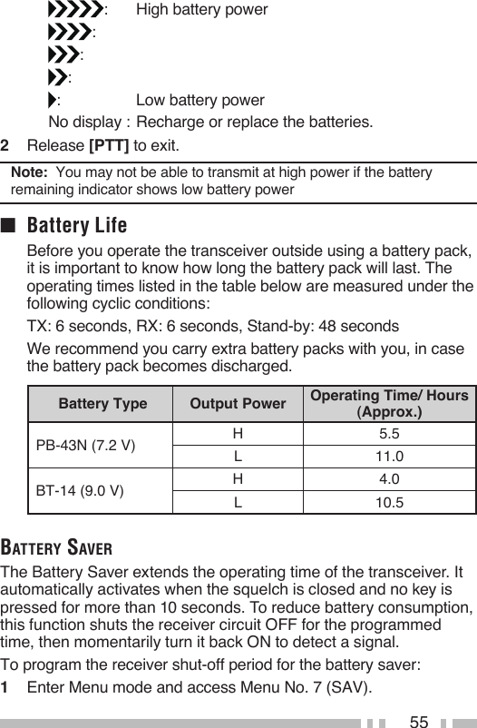 55:   High battery power: :: :       Low battery powerNo display :  Recharge or replace the batteries.2   Release [PTT] to exit.Note:  You may not be able to transmit at high power if the battery remaining indicator shows low battery power■  Battery Life  Before you operate the transceiver outside using a battery pack, it is important to know how long the battery pack will last. The operating times listed in the table below are measured under the following cyclic conditions:  TX: 6 seconds, RX: 6 seconds, Stand-by: 48 seconds  We recommend you carry extra battery packs with you, in case the battery pack becomes discharged.Battery Type Output Power Operating Time/ Hours (Approx.)PB-43N (7.2 V) H 5.5L 11.0BT-14 (9.0 V) H 4.0L 10.5BaTTery saverThe Battery Saver extends the operating time of the transceiver. It automatically activates when the squelch is closed and no key is pressed for more than 10 seconds. To reduce battery consumption, this function shuts the receiver circuit OFF for the programmed time, then momentarily turn it back ON to detect a signal.To program the receiver shut-off period for the battery saver:1   Enter Menu mode and access Menu No. 7 (SAV).