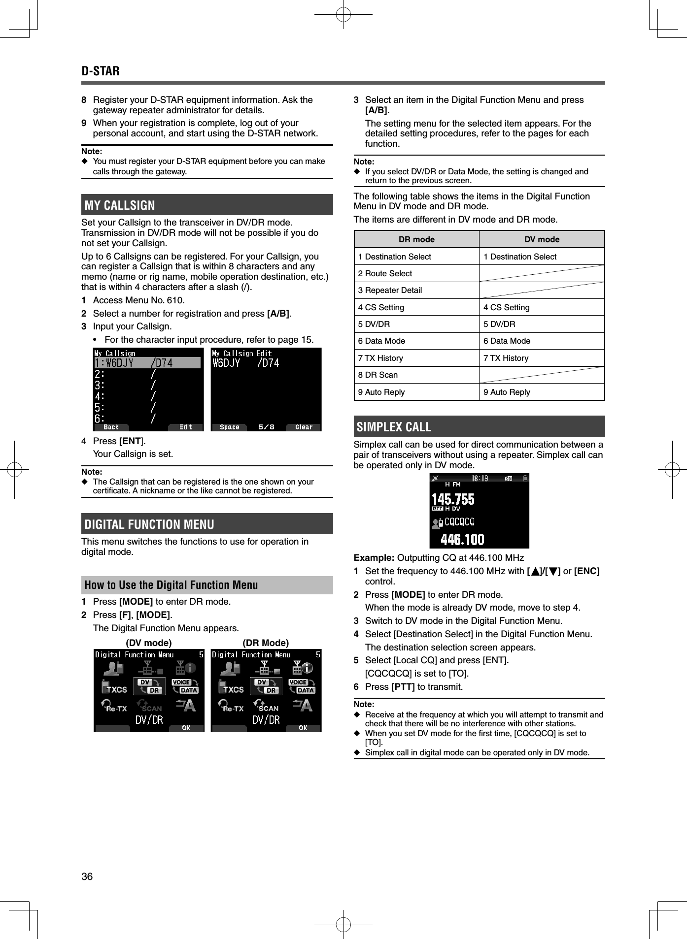 36D-STAR8  Register your D-STAR equipment information. Ask the gateway repeater administrator for details.9  When your registration is complete, log out of your personal account, and start using the D-STAR network.Note: ◆You must register your D-STAR equipment before you can make calls through the gateway.MY CALLSIGNSet your Callsign to the transceiver in DV/DR mode. Transmission in DV/DR mode will not be possible if you do not set your Callsign.Up to 6 Callsigns can be registered. For your Callsign, you can register a Callsign that is within 8 characters and any memo (name or rig name, mobile operation destination, etc.) that is within 4 characters after a slash (/).1  Access Menu No. 610.2  Select a number for registration and press [A/B].3  Input your Callsign.•  For the character input procedure, refer to page 15.4 Press [ENT].  Your Callsign is set.Note: ◆The Callsign that can be registered is the one shown on your certiﬁ cate. A nickname or the like cannot be registered. DIGITAL FUNCTION MENUThis menu switches the functions to use for operation in digital mode.How to Use the Digital Function Menu1 Press [MODE] to enter DR mode.2 Press [F], [MODE].  The Digital Function Menu appears.(DV mode) (DR Mode) 3  Select an item in the Digital Function Menu and press [A/B].  The setting menu for the selected item appears. For the detailed setting procedures, refer to the pages for each function.Note: ◆If you select DV/DR or Data Mode, the setting is changed and return to the previous screen.The following table shows the items in the Digital Function Menu in DV mode and DR mode.The items are different in DV mode and DR mode.DR mode DV mode1 Destination Select 1 Destination Select2 Route Select3 Repeater Detail4 CS Setting 4 CS Setting5 DV/DR 5 DV/DR6 Data Mode 6 Data Mode7 TX History 7 TX History8 DR Scan9 Auto Reply 9 Auto ReplySIMPLEX CALLSimplex call can be used for direct communication between a pair of transceivers without using a repeater. Simplex call can be operated only in DV mode.Example: Outputting CQ at 446.100 MHz1  Set the frequency to 446.100 MHz with []/[ ] or [ENC] control.2 Press [MODE] to enter DR mode.  When the mode is already DV mode, move to step 4.3  Switch to DV mode in the Digital Function Menu.4  Select [Destination Select] in the Digital Function Menu.  The destination selection screen appears.5  Select [Local CQ] and press [ENT]. [CQCQCQ] is set to [TO].6 Press [PTT] to transmit.Note: ◆Receive at the frequency at which you will attempt to transmit and check that there will be no interference with other stations. ◆When you set DV mode for the ﬁ rst time, [CQCQCQ] is set to [TO]. ◆Simplex call in digital mode can be operated only in DV mode.