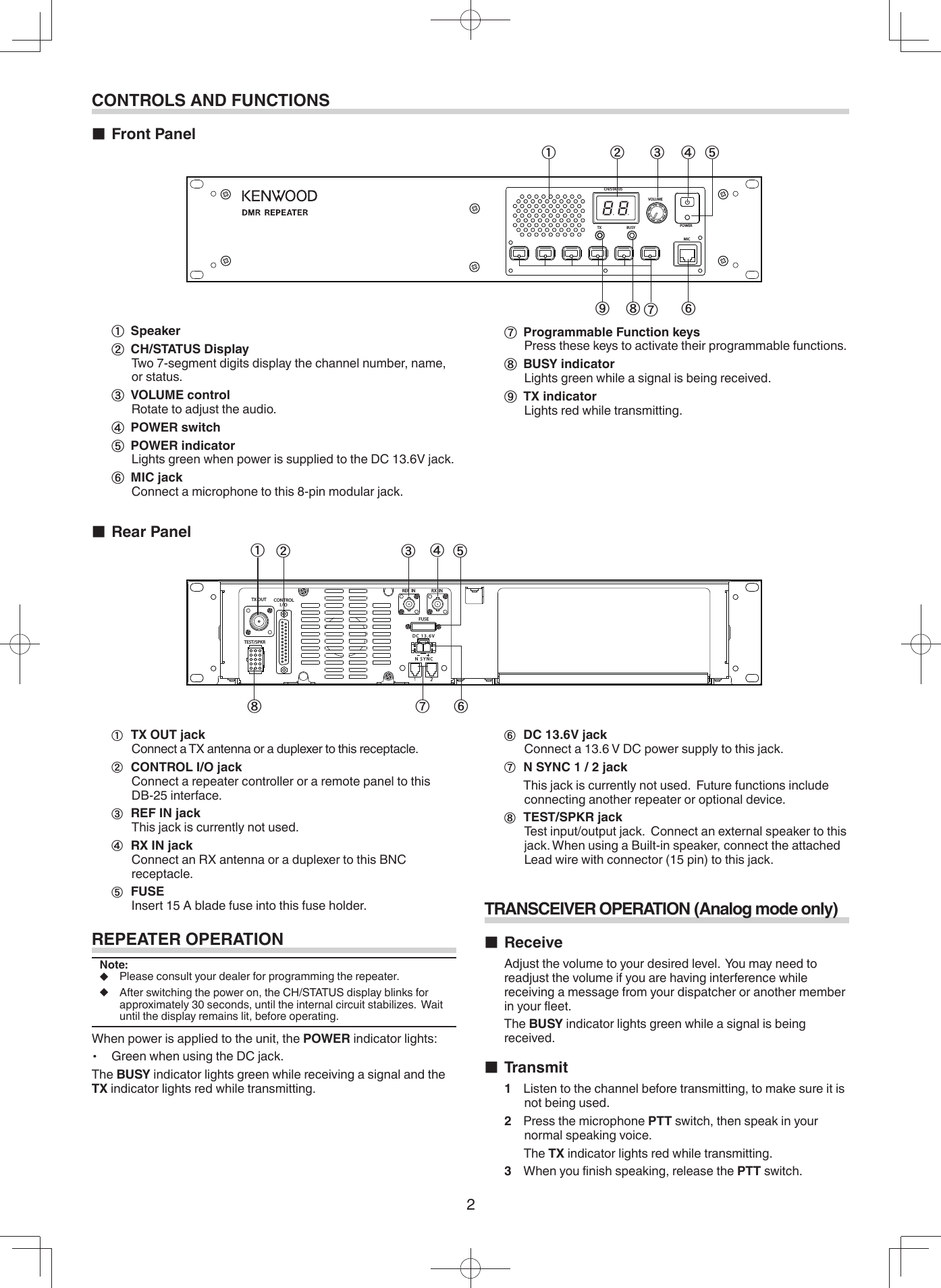 2REPEATER OPERATIONNote:◆ Please consult your dealer for programming the repeater.◆ After switching the power on, the CH/STATUS display blinks for approximately 30 seconds, until the internal circuit stabilizes.  Wait until the display remains lit, before operating.When power is applied to the unit, the POWER indicator lights:・  Green when using the DC jack.The BUSY indicator lights green while receiving a signal and the TX indicator lights red while transmitting.■ Rear Panela TX OUT jackConnect a TX antenna or a duplexer to this receptacle.b CONTROL I/O jackConnect a repeater controller or a remote panel to this DB-25 interface.c REF IN jackThis jack is currently not used.d RX IN jackConnect an RX antenna or a duplexer to this BNC receptacle.e FUSEInsert 15 A blade fuse into this fuse holder.CONTROLS AND FUNCTIONS■ Front Panelf DC 13.6V jackConnect a 13.6 V DC power supply to this jack.g N SYNC 1 / 2 jack  This jack is currently not used.  Future functions include connecting another repeater or optional device.h TEST/SPKR jackTest input/output jack.  Connect an external speaker to this jack. When using a Built-in speaker, connect the attached Lead wire with connector (15 pin) to this jack.TRANSCEIVER OPERATION (Analog mode only)■ Receive   Adjust the volume to your desired level.  You may need to readjust the volume if you are having interference while receiving a message from your dispatcher or another member in your ﬂ eet.    The  BUSY indicator lights green while a signal is being received.■ Transmit1  Listen to the channel before transmitting, to make sure it is not being used.2  Press the microphone PTT switch, then speak in your normal speaking voice.The TX indicator lights red while transmitting.3 When you ﬁ nish speaking, release the PTT switch.a Speakerb CH/STATUS DisplayTwo 7-segment digits display the channel number, name, or status.c VOLUME controlRotate to adjust the audio.d POWER switche POWER indicatorLights green when power is supplied to the DC 13.6V jack.f MIC jackConnect a microphone to this 8-pin modular jack.g Programmable Function keysPress these keys to activate their programmable functions.h BUSY indicatorLights green while a signal is being received.i TX indicatorLights red while transmitting.abdefghicCH/STATUSVOLUMEBUSYTX POWERMICabdefgchFUSEN SYNCDC 13.6VREF IN RX  INTX OUT CONTROLI/OTEST/SPKR