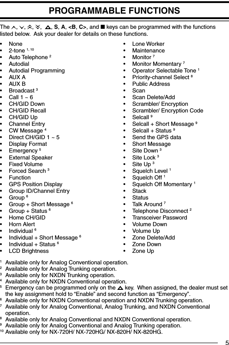 5PROGRAMMABLE FUNCTIONSThe  ,  ,  ,  ,   , S, A, &lt;B, C&gt;, and ■ keys can be programmed with the functions listed below.  Ask your dealer for details on these functions.• None• 2-tone 1, 10• Auto Telephone 2 • Autodial• Autodial Programming• AUX A• AUX B• Broadcast 3•  Call 1 ~ 6• CH/GID Down• CH/GID Recall• CH/GID Up• Channel Entry• CW Message 4•  Direct CH/GID 1 ~ 5• Display Format• Emergency 5• External Speaker• Fixed Volume• Forced Search 3• Function•  GPS Position Display•  Group ID/Channel Entry• Group 6•  Group + Short Message 6 •  Group + Status 6 • Home CH/GID• Horn Alert• Individual 6•  Individual + Short Message 6 •  Individual + Status 6 • LCD Brightness• Lone Worker• Maintenance• Monitor 7• Monitor Momentary 7• Operator Selectable Tone 1• Priority-channel Select 8•   Public Address• Scan• Scan Delete/Add• Scrambler/ Encryption•  Scrambler/ Encryption Code• Selcall 9•  Selcall + Short Message 9•  Selcall + Status 9•  Send the GPS data• Short Message• Site Down 3• Site Lock 3• Site Up 3• Squelch Level 1• Squelch Off 1•  Squelch Off Momentary 1• Stack• Status• Talk Around 7• Telephone Disconnect 2• Transceiver Password• Volume Down• Volume Up• Zone Delete/Add• Zone Down• Zone Up1  Available only for Analog Conventional operation.2  Available only for Analog Trunking operation.3  Available only for NXDN Trunking operation.4  Available only for NXDN Conventional operation.5  Emergency can be programmed only on the   key.  When assigned, the dealer must set the key assignment hold to “Enable” and second function as “Emergency”.6  Available only for NXDN Conventional operation and NXDN Trunking operation.7  Available only for Analog Conventional, Analog Trunking, and NXDN Conventional operation.8  Available only for Analog Conventional and NXDN Conventional operation.9  Available only for Analog Conventional and Analog Trunking operation.10 Available only for NX-720H/ NX-720HG/ NX-820H/ NX-820HG.