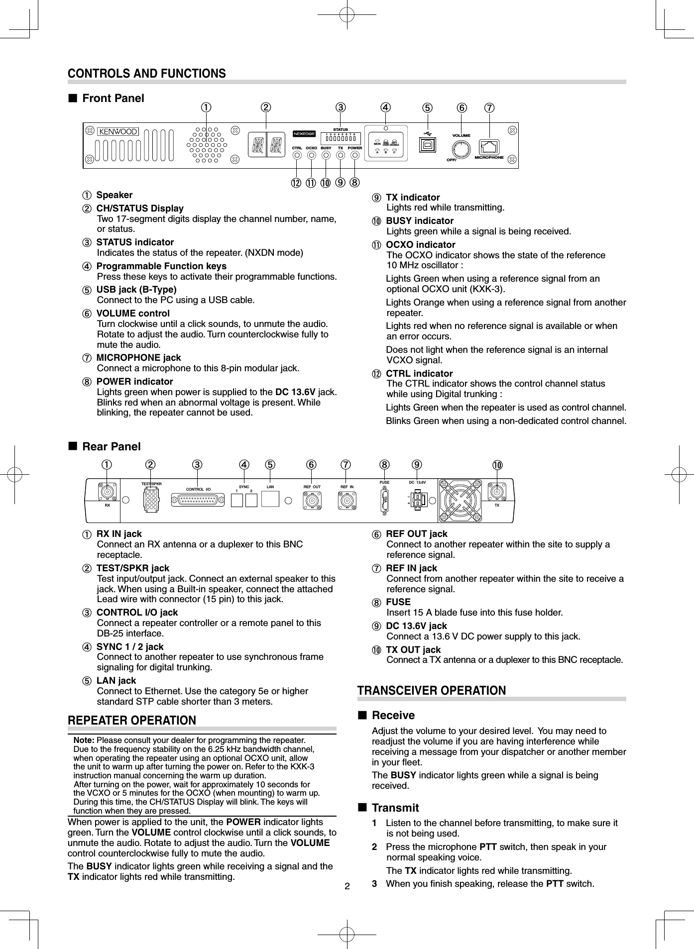 2REPEATER OPERATIONNote: Please consult your dealer for programming the repeater.  Due to the frequency stability on the 6.25 kHz bandwidth channel, when operating the repeater using an optional OCXO unit, allow the unit to warm up after turning the power on. Refer to the KXK-3 instruction manual concerning the warm up duration.    After turning on the power, wait for approximately 10 seconds for the VCXO or 5 minutes for the OCXO (when mounting) to warm up. During this time, the CH/STATUS Display will blink. The keys will function when they are pressed.When power is applied to the unit, the POWER indicator lights green. Turn the VOLUME control clockwise until a click sounds, to unmute the audio. Rotate to adjust the audio. Turn the VOLUME control counterclockwise fully to mute the audio.The BUSY indicator lights green while receiving a signal and the TX indicator lights red while transmitting.■ Rear Panela RX IN jackConnect an RX antenna or a duplexer to this BNC receptacle.b TEST/SPKR jackTest input/output jack. Connect an external speaker to this jack. When using a Built-in speaker, connect the attached Lead wire with connector (15 pin) to this jack.c CONTROL I/O jackConnect a repeater controller or a remote panel to this DB-25 interface.d SYNC 1 / 2 jackConnect to another repeater to use synchronous frame signaling for digital trunking.e LAN jackConnect to Ethernet. Use the category 5e or higher standard STP cable shorter than 3 meters.CONTROLS AND FUNCTIONS■ Front Panel abdefghicabde f gcMICROPHONEVOLUMEOFF/POWERCTRL OCXO BUSY TX12MONTAKEOVERRPTDISABLEABC345678STATUSTEST/SPKRRX TXCONTROL  I/O SYNC12 LAN REF  OUT REF  INFUSE15ADC  13.6Vf REF OUT jackConnect to another repeater within the site to supply a reference signal.g REF IN jackConnect from another repeater within the site to receive a reference signal.h FUSEInsert 15 A blade fuse into this fuse holder.i DC 13.6V jackConnect a 13.6 V DC power supply to this jack.j TX OUT jackConnect a TX antenna or a duplexer to this BNC receptacle.hijTRANSCEIVER OPERATION■ Receive   Adjust the volume to your desired level.  You may need to readjust the volume if you are having interference while receiving a message from your dispatcher or another member in your ﬂ eet.   The BUSY indicator lights green while a signal is being received.■ Transmit1  Listen to the channel before transmitting, to make sure it is not being used.2  Press the microphone PTT switch, then speak in your normal speaking voice.The TX indicator lights red while transmitting.3  When you ﬁ nish speaking, release the PTT switch.a Speakerb CH/STATUS DisplayTwo 17-segment digits display the channel number, name, or status.c STATUS indicatorIndicates the status of the repeater. (NXDN mode)d Programmable Function keysPress these keys to activate their programmable functions.e USB jack (B-Type)Connect to the PC using a USB cable.f VOLUME controlTurn clockwise until a click sounds, to unmute the audio. Rotate to adjust the audio. Turn counterclockwise fully to mute the audio.g MICROPHONE jackConnect a microphone to this 8-pin modular jack.h POWER indicatorLights green when power is supplied to the DC 13.6V jack. Blinks red when an abnormal voltage is present. While blinking, the repeater cannot be used.i TX indicatorLights red while transmitting.j BUSY indicatorLights green while a signal is being received.k OCXO indicatorThe OCXO indicator shows the state of the reference 10 MHz oscillator :  Lights Green when using a reference signal from an optional OCXO unit (KXK-3).  Lights Orange when using a reference signal from another repeater.  Lights red when no reference signal is available or when an error occurs.  Does not light when the reference signal is an internal VCXO signal.l CTRL indicatorThe CTRL indicator shows the control channel status while using Digital trunking :  Lights Green when the repeater is used as control channel.  Blinks Green when using a non-dedicated control channel.jkl