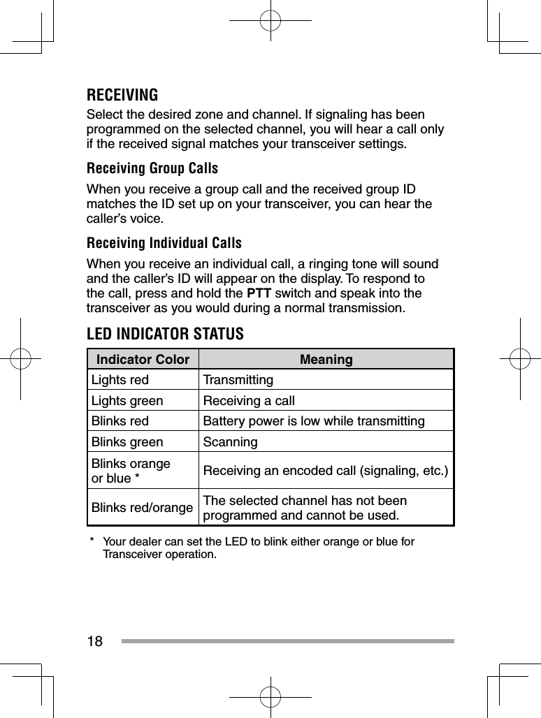18RECEIVINGSelect the desired zone and channel. If signaling has been programmed on the selected channel, you will hear a call only if the received signal matches your transceiver settings.Receiving Group CallsWhen you receive a group call and the received group ID matches the ID set up on your transceiver, you can hear the caller’s voice.Receiving Individual CallsWhen you receive an individual call, a ringing tone will sound and the caller’s ID will appear on the display. To respond to the call, press and hold the PTT switch and speak into the transceiver as you would during a normal transmission.LED INDICATOR STATUSIndicator Color MeaningLights red TransmittingLights green Receiving a callBlinks red Battery power is low while transmittingBlinks green ScanningBlinks orange or blue *  Receiving an encoded call (signaling, etc.)Blinks red/orange The selected channel has not been programmed and cannot be used. *  Your dealer can set the LED to blink either orange or blue for Transceiver operation.