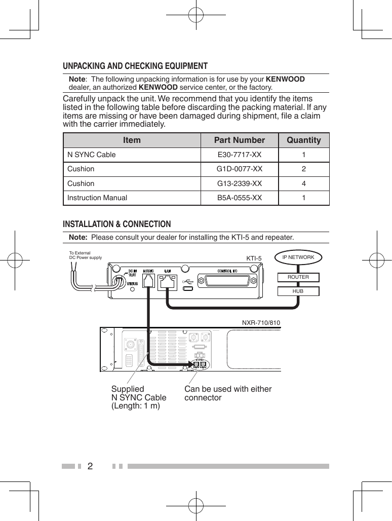 2UNPACKING AND CHECKING EQUIPMENTNote: ThefollowingunpackinginformationisforusebyyourKENWOOD dealer,anauthorizedKENWOODservicecenter,orthefactory.Carefullyunpacktheunit.Werecommendthatyouidentifytheitemslistedinthefollowingtablebeforediscardingthepackingmaterial.Ifanyitemsaremissingorhavebeendamagedduringshipment,leaclaimwiththecarrierimmediately.Item Part Number QuantityNSYNCCable E30-7717-XX 1Cushion G1D-0077-XX 2Cushion G13-2339-XX 4InstructionManual B5A-0555-XX 1INSTALLATION &amp; CONNECTIONNote: PleaseconsultyourdealerforinstallingtheKTI-5andrepeater.KTI-5NXR-710/810To ExternalDC Power supplyN SYNCIP NETWORKROUTERHUBSuppliedNSYNCCable(Length:1m)Canbeusedwitheitherconnector