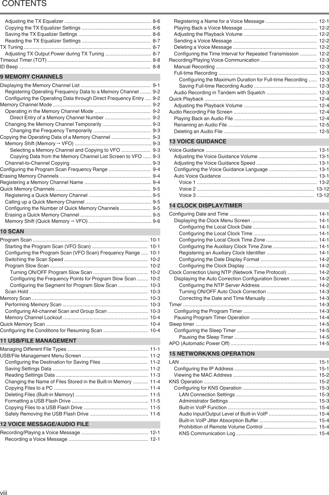 Adjusting the TX Equalizer .............................................................. 8-6Copying the TX Equalizer Settings .................................................. 8-6Saving the TX Equalizer Settings .................................................... 8-6Reading the TX Equalizer Settings .................................................  8-7TX Tuning ........................................................................................... 8-7Adjusting TX Output Power during TX Tuning ................................. 8-7Timeout Timer (TOT) .......................................................................... 8-8ID Beep ..............................................................................................  8-89 MEMORY CHANNELSDisplaying the Memory Channel List ..................................................  9-1Registering Operating Frequency Data to a Memory Channel ........ 9-2Configuring the Operating Data through Direct Frequency Entry ....  9-2Memory Channel Mode ......................................................................  9-2Operating in the Memory Channel Mode ........................................  9-2Direct Entry of a Memory Channel Number .................................  9-2Changing the Memory Channel Temporarily ................................... 9-3Changing the Frequency Temporarily .........................................  9-3Copying the Operating Data of a Memory Channel ............................  9-3Memory Shift (Memory → VFO) ....................................................... 9-3Selecting a Memory Channel and Copying to VFO .....................  9-3Copying Data from the Memory Channel List Screen to VFO ...... 9-3Channel-to-Channel Copying .......................................................... 9-3Configuring the Program Scan Frequency Range ..............................  9-4Erasing Memory Channels .................................................................  9-4Registering a Memory Channel Name ................................................ 9-4Quick Memory Channels ....................................................................  9-5Registering a Quick Memory Channel ............................................. 9-5Calling up a Quick Memory Channel ............................................... 9-5Configuring the Number of Quick Memory Channels ...................... 9-5Erasing a Quick Memory Channel ................................................... 9-5Memory Shift (Quick Memory → VFO) ............................................. 9-610 SCANProgram Scan ................................................................................... 10-1Starting the Program Scan (VFO Scan) ........................................  10-1Configuring the Program Scan (VFO Scan) Frequency Range ..... 10-1Switching the Scan Speed ............................................................ 10-2Program Slow Scan ......................................................................  10-2Turning ON/OFF Program Slow Scan .......................................  10-2Configuring the Frequency Points for Program Slow Scan ........ 10-2Configuring the Segment for Program Slow Scan .....................  10-3Scan Hold .....................................................................................  10-3Memory Scan ...................................................................................  10-3Performing Memory Scan .............................................................  10-3Configuring All-channel Scan and Group Scan ............................. 10-3Memory Channel Lockout ............................................................. 10-4Quick Memory Scan .........................................................................  10-4Configuring the Conditions for Resuming Scan ................................  10-411 USB/FILE MANAGEMENTManaging Different File Types .......................................................... 11-1USB/File Management Menu Screen ...............................................  11-2Configuring the Destination for Saving Files .................................  11-2Saving Settings Data ..................................................................... 11-2Reading Settings Data ..................................................................  11-3Changing the Name of Files Stored in the Built-in Memory ........... 11-4Copying Files to a PC .................................................................... 11-4Deleting Files (Built-in Memory) .................................................... 11-5Formatting a USB Flash Drive ....................................................... 11-5Copying Files to a USB Flash Drive ..............................................  11-5Safely Removing the USB Flash Drive .......................................... 11-612 VOICE MESSAGE/AUDIO FILERecording/Playing a Voice Message ................................................ 12-1Recording a Voice Message ......................................................... 12-1Registering a Name for a Voice Message ..................................... 12-1Playing Back a Voice Message ..................................................... 12-2Adjusting the Playback Volume ..................................................... 12-2Sending a Voice Message ............................................................  12-2Deleting a Voice Message ............................................................  12-2Configuring the Time Interval for Repeated Transmission ............  12-2Recording/Playing Voice Communication ........................................  12-3Manual Recording ......................................................................... 12-3Full-time Recording ....................................................................... 12-3Configuring the Maximum Duration for Full-time Recording ......  12-3Saving Full-time Recording Audio .............................................  12-3Audio Recording in Tandem with Squelch ....................................  12-3Quick Playback ................................................................................. 12-4Adjusting the Playback Volume ..................................................... 12-4Audio Recording File Screen ............................................................ 12-4Playing Back an Audio File ............................................................ 12-4Renaming an Audio File ................................................................ 12-5Deleting an Audio File ................................................................... 12-513 VOICE GUIDANCEVoice Guidance ................................................................................ 13-1Adjusting the Voice Guidance Volume .......................................... 13-1Adjusting the Voice Guidance Speed ............................................ 13-1Configuring the Voice Guidance Language ................................... 13-1Auto Voice Guidance ....................................................................  13-1Voice 1 ......................................................................................  13-2Voice 2 ....................................................................................  13-12Voice 3 ....................................................................................  13-1214 CLOCK DISPLAY/TIMERConfiguring Date and Time ............................................................... 14-1Displaying the Clock Menu Screen ...............................................  14-1Configuring the Local Clock Date .............................................. 14-1Configuring the Local Clock Time .............................................. 14-1Configuring the Local Clock Time Zone ..................................... 14-1Configuring the Auxiliary Clock Time Zone ................................ 14-1Registering an Auxiliary Clock Identifier ....................................  14-1Configuring the Date Display Format ......................................... 14-2Configuring the Clock Display ...................................................  14-2Clock Correction Using NTP (Network Time Protocol) .....................  14-2Displaying the Auto Correction Configuration Screen ...................  14-2Configuring the NTP Server Address ........................................  14-2Turning ON/OFF Auto Clock Correction .................................... 14-3Correcting the Date and Time Manually ....................................  14-3Timer ................................................................................................  14-3Configuring the Program Timer ..................................................... 14-3Pausing Program Timer Operation ................................................ 14-4Sleep timer .......................................................................................  14-5Configuring the Sleep Timer .........................................................  14-5Pausing the Sleep Timer ...........................................................  14-5APO (Automatic Power Off) .............................................................. 14-515 NETWORK/KNS OPERATIONLAN ..................................................................................................  15-1Configuring the IP Address ...........................................................  15-1Viewing the MAC Address ............................................................  15-2KNS Operation .................................................................................  15-2Configuring for KNS Operation .....................................................  15-3LAN Connection Settings ..........................................................  15-3Administrator Settings ...............................................................  15-3Built-in VoIP Function ................................................................ 15-4Audio Input/Output Level of Built-in VoIP ................................... 15-4Built-in VoIP Jitter Absorption Buffer .........................................  15-4Prohibition of Remote Volume Control ......................................  15-4KNS Communication Log .......................................................... 15-4 CONTENTSviii