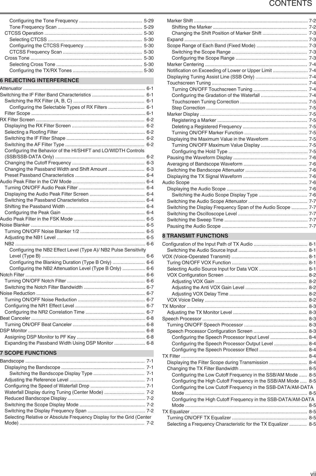 Configuring the Tone Frequency ............................................... 5-29Tone Frequency Scan ............................................................... 5-29CTCSS Operation ......................................................................... 5-30Selecting CTCSS ......................................................................  5-30Configuring the CTCSS Frequency ...........................................  5-30CTCSS Frequency Scan ...........................................................  5-30Cross Tone ...................................................................................  5-30Selecting Cross Tone ................................................................ 5-30Configuring the TX/RX Tones .................................................... 5-306 REJECTING INTERFERENCEAttenuator ........................................................................................... 6-1Switching the IF Filter Band Characteristics .......................................  6-1Switching the RX Filter (A, B, C) .....................................................  6-1Configuring the Selectable Types of RX Filters ...........................  6-1Filter Scope ..................................................................................... 6-1RX Filter Screen .................................................................................  6-2Displaying the RX Filter Screen ......................................................  6-2Selecting a Roofing Filter ................................................................ 6-2Switching the IF Filter Shape ..........................................................  6-2Switching the AF Filter Type ...........................................................  6-2Configuring the Behavior of the HI/SHIFT and LO/WIDTH Controls(SSB/SSB-DATA Only) ................................................................... 6-2Changing the Cutoff Frequency ......................................................  6-3Changing the Passband Width and Shift Amount ...........................  6-3Preset Passband Characteristics .................................................... 6-4Audio Peak Filter in the CW Mode ...................................................... 6-4Turning ON/OFF Audio Peak Filter .................................................  6-4Displaying the Audio Peak Filter Screen .........................................  6-4Switching the Passband Characteristics ......................................... 6-4Shifting the Passband Width ........................................................... 6-4Configuring the Peak Gain ..............................................................  6-4Audio Peak Filter in the FSK Mode ..................................................... 6-5Noise Blanker ..................................................................................... 6-5Turning ON/OFF Noise Blanker 1/2 ................................................  6-5Adjusting the NB1 Level .................................................................. 6-5NB2 ................................................................................................. 6-6Configuring the NB2 Effect Level (Type A)/ NB2 Pulse SensitivityLevel (Type B) ............................................................................. 6-6Configuring the Blanking Duration (Type B Only) ........................  6-6Configuring the NB2 Attenuation Level (Type B Only) ................. 6-6Notch Filter ......................................................................................... 6-6Turning ON/OFF Notch Filter ..........................................................  6-6Switching the Notch Filter Bandwidth .............................................. 6-7Noise Reduction ................................................................................. 6-7Turning ON/OFF Noise Reduction .................................................. 6-7Configuring the NR1 Effect Level .................................................... 6-7Configuring the NR2 Correlation Time ............................................  6-7Beat Canceler ..................................................................................... 6-8Turning ON/OFF Beat Canceler ...................................................... 6-8DSP Monitor .......................................................................................  6-8Assigning DSP Monitor to PF Key ................................................... 6-8Expanding the Passband Width Using DSP Monitor ....................... 6-87 SCOPE FUNCTIONSBandscope .........................................................................................  7-1Displaying the Bandscope ..............................................................  7-1Switching the Bandscope Display Type ......................................  7-1Adjusting the Reference Level ........................................................  7-1Configuring the Speed of Waterfall Drop ......................................... 7-1Waterfall Display during Tuning (Center Mode) ..............................  7-2Reduced Bandscope Display .......................................................... 7-2Switching the Scope Display Mode ................................................. 7-2Switching the Display Frequency Span ........................................... 7-2Selecting Relative or Absolute Frequency Display for the Grid (CenterMode) .............................................................................................  7-2Marker Shift ..................................................................................... 7-2Shifting the Marker ......................................................................  7-2Changing the Shift Position of Marker Shift .................................  7-3Expand ............................................................................................ 7-3Scope Range of Each Band (Fixed Mode) ...................................... 7-3Switching the Scope Range ........................................................  7-3Configuring the Scope Range .....................................................  7-3Marker Centering ............................................................................  7-4Notification on Exceeding of Lower or Upper Limit .......................... 7-4Displaying Tuning Assist Line (SSB Only) ....................................... 7-4Touchscreen Tuning .......................................................................  7-4Turning ON/OFF Touchscreen Tuning ........................................  7-4Configuring the Gradation of the Waterfall ................................... 7-4Touchscreen Tuning Correction .................................................. 7-5Step Correction ...........................................................................  7-5Marker Display ................................................................................ 7-5Registering a Marker ...................................................................  7-5Deleting a Registered Frequency ................................................ 7-5Turning ON/OFF Marker Function ............................................... 7-5Displaying the Maximum Value in the Waveform ............................  7-5Turning ON/OFF Maximum Value Display ................................... 7-5Configuring the Hold Type ........................................................... 7-5Pausing the Waveform Display .......................................................  7-6Averaging of Bandscope Waveform ...............................................  7-6Switching the Bandscope Attenuator ..............................................  7-6Displaying the TX Signal Waveform ................................................ 7-6Audio Scope ....................................................................................... 7-6Displaying the Audio Scope ............................................................ 7-6Switching the Audio Scope Display Type ....................................  7-6Switching the Audio Scope Attenuator ............................................ 7-7Switching the Display Frequency Span of the Audio Scope ............ 7-7Switching the Oscilloscope Level .................................................... 7-7Switching the Sweep Time .............................................................. 7-7Pausing the Audio Scope ................................................................ 7-78 TRANSMIT FUNCTIONSConfiguration of the Input Path of TX Audio ........................................ 8-1Switching the Audio Source Input ...................................................  8-1VOX (Voice-Operated Transmit) ......................................................... 8-1Turing ON/OFF VOX Function ........................................................  8-1Selecting Audio Source Input for Data VOX .................................... 8-1VOX Configuration Screen .............................................................. 8-2Adjusting VOX Gain ....................................................................  8-2Adjusting the Anti VOX Gain Level ..............................................  8-2Adjusting VOX Delay Time .......................................................... 8-2VOX Voice Delay ............................................................................  8-2TX Monitor .......................................................................................... 8-3Adjusting the TX Monitor Level .......................................................  8-3Speech Processor .............................................................................. 8-3Turning ON/OFF Speech Processor ...............................................  8-3Speech Processor Configuration Screen ........................................ 8-3Configuring the Speech Processor Input Level ............................ 8-4Configuring the Speech Processor Output Level ......................... 8-4Configuring the Speech Processor Effect .................................... 8-4TX Filter .............................................................................................. 8-4Displaying the Filter Scope during Transmission ............................  8-4Changing the TX Filter Bandwidth ................................................... 8-5Configuring the Low Cutoff Frequency in the SSB/AM Mode ......  8-5Configuring the High Cutoff Frequency in the SSB/AM Mode .....  8-5Configuring the Low Cutoff Frequency in the SSB-DATA/AM-DATAMode ........................................................................................... 8-5Configuring the High Cutoff Frequency in the SSB-DATA/AM-DATAMode ........................................................................................... 8-5TX Equalizer ....................................................................................... 8-5Turning ON/OFF TX Equalizer ........................................................ 8-5Selecting a Frequency Characteristic for the TX Equalizer .............  8-5CONTENTS  vii