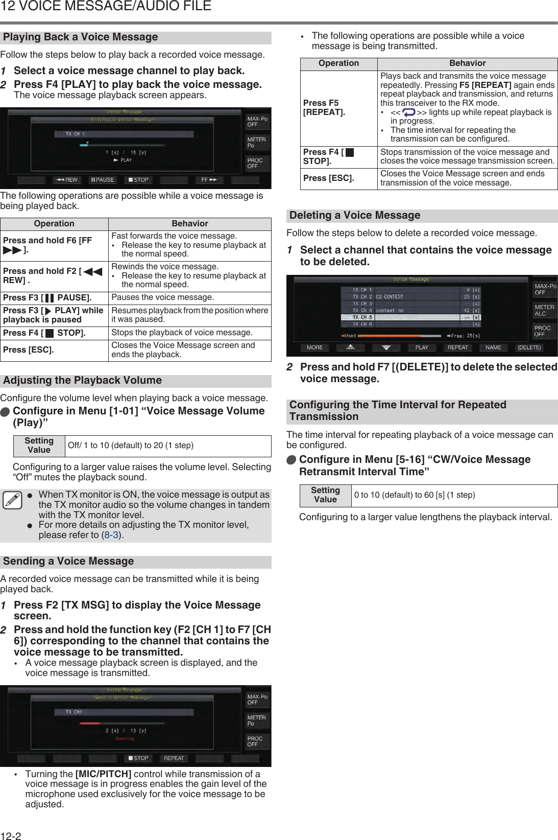 Playing Back a Voice MessageFollow the steps below to play back a recorded voice message.1Select a voice message channel to play back.2Press F4 [PLAY] to play back the voice message.The voice message playback screen appears..The following operations are possible while a voice message isbeing played back.Operation BehaviorPress and hold F6 [FF].Fast forwards the voice message.•Release the key to resume playback atthe normal speed.Press and hold F2 [REW] .Rewinds the voice message.•Release the key to resume playback atthe normal speed.Press F3 [  PAUSE]. Pauses the voice message.Press F3 [  PLAY] whileplayback is paused Resumes playback from the position whereit was paused.Press F4 [  STOP]. Stops the playback of voice message.Press [ESC]. Closes the Voice Message screen andends the playback.Adjusting the Playback VolumeConfigure the volume level when playing back a voice message.Configure in Menu [1-01] “Voice Message Volume(Play)”SettingValue Off/ 1 to 10 (default) to 20 (1 step)Configuring to a larger value raises the volume level. Selecting“Off” mutes the playback sound.●When TX monitor is ON, the voice message is output asthe TX monitor audio so the volume changes in tandemwith the TX monitor level.●For more details on adjusting the TX monitor level,please refer to (8-3).Sending a Voice MessageA recorded voice message can be transmitted while it is beingplayed back.1Press F2 [TX MSG] to display the Voice Messagescreen.2Press and hold the function key (F2 [CH 1] to F7 [CH6]) corresponding to the channel that contains thevoice message to be transmitted.•A voice message playback screen is displayed, and thevoice message is transmitted..•Turning the [MIC/PITCH] control while transmission of avoice message is in progress enables the gain level of themicrophone used exclusively for the voice message to beadjusted.•The following operations are possible while a voicemessage is being transmitted.Operation BehaviorPress F5[REPEAT].Plays back and transmits the voice messagerepeatedly. Pressing F5 [REPEAT] again endsrepeat playback and transmission, and returnsthis transceiver to the RX mode.•&lt;&lt; &gt;&gt; lights up while repeat playback isin progress.•The time interval for repeating thetransmission can be configured.Press F4 [STOP]. Stops transmission of the voice message andcloses the voice message transmission screen.Press [ESC]. Closes the Voice Message screen and endstransmission of the voice message.Deleting a Voice MessageFollow the steps below to delete a recorded voice message.1Select a channel that contains the voice messageto be deleted..2Press and hold F7 [(DELETE)] to delete the selectedvoice message.Configuring the Time Interval for RepeatedTransmissionThe time interval for repeating playback of a voice message canbe configured.Configure in Menu [5-16] “CW/Voice MessageRetransmit Interval Time”SettingValue 0 to 10 (default) to 60 [s] (1 step)Configuring to a larger value lengthens the playback interval.12 VOICE MESSAGE/AUDIO FILE12-2