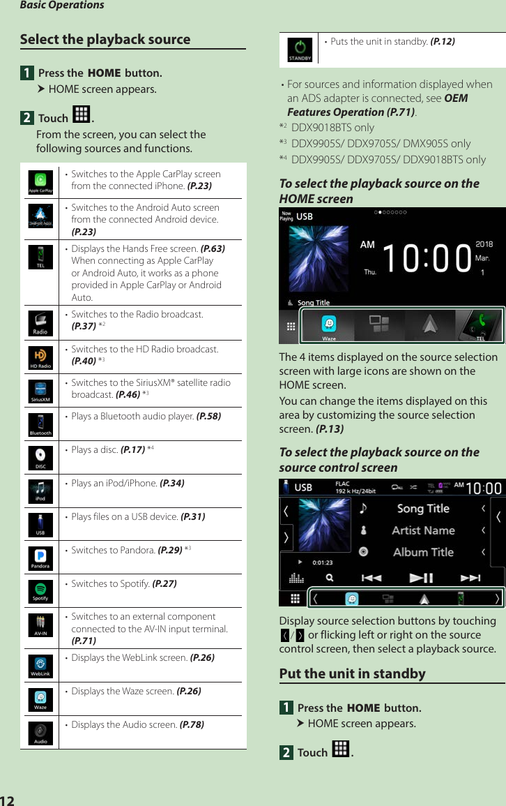 Basic Operations12Select the playback source1  Press the [HOME] button. HOME screen appears.2 Touch [].From the screen, you can select the following sources and functions.•  Switches to the Apple CarPlay screen from the connected iPhone. (P.23)•  Switches to the Android Auto screen from the connected Android device. (P.23)•  Displays the Hands Free screen. (P.63)When connecting as Apple CarPlay or Android Auto, it works as a phone provided in Apple CarPlay or Android Auto.•  Switches to the Radio broadcast. (P.37) *2•  Switches to the HD Radio broadcast. (P.40) *3•  Switches to the SiriusXM® satellite radio broadcast. (P.46) *3•  Plays a Bluetooth audio player. (P.58)•  Plays a disc. (P.17) *4•  Plays an iPod/iPhone. (P.34)•  Plays files on a USB device. (P.31)•  Switches to Pandora. (P.29) *3•  Switches to Spotify. (P.27)•  Switches to an external component connected to the AV-IN input terminal. (P.71)•  Displays the WebLink screen. (P.26)•  Displays the Waze screen. (P.26)•  Displays the Audio screen. (P.78)•  Puts the unit in standby. (P.12)• For sources and information displayed when an ADS adapter is connected, see OEM Features Operation (P.71).*2   DDX9018BTS  only*3   DDX9905S/ DDX9705S/ DMX905S only*4   DDX9905S/ DDX9705S/ DDX9018BTS onlyTo select the playback source on the HOME screenThe 4 items displayed on the source selection screen with large icons are shown on the HOME screen.You can change the items displayed on this area by customizing the source selection screen. (P.13)To select the playback source on the source control screenDisplay source selection buttons by touching []/[ ] or flicking left or right on the source control screen, then select a playback source.Put the unit in standby1  Press the [HOME] button. HOME screen appears.2 Touch [ ].