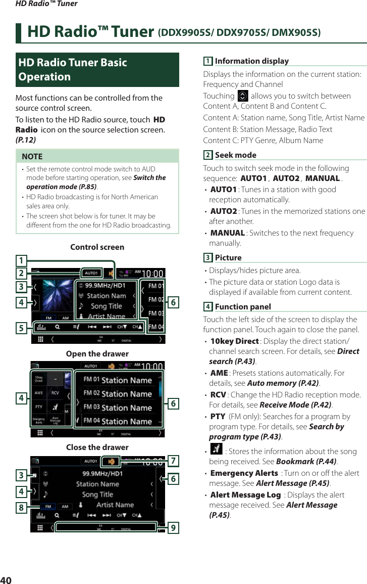 HD Radio™ Tuner  40HD Radio™ Tuner (DDX9905S/ DDX9705S/ DMX905S)  HD Radio Tuner Basic OperationMost functions can be controlled from the source control screen.To listen to the HD Radio source, touch [HD Radio] icon on the source selection screen. (P.12)NOTE•  Set the remote control mode switch to AUD mode before starting operation, see Switch the operation mode (P.85).•  HD Radio broadcasting is for North American sales area only.•  The screen shot below is for tuner. It may be different from the one for HD Radio broadcasting.Control screen432561Open the drawer46Close the drawer3768491 Information displayDisplays the information on the current station: Frequency and ChannelTouching [] allows you to switch between Content A, Content B and Content C.Content A: Station name, Song Title, Artist NameContent B: Station Message, Radio TextContent C: PTY Genre, Album Name2 Seek modeTouch to switch seek mode in the following sequence: [AUTO1], [AUTO2], [MANUAL].• [AUTO1]: Tunes in a station with good reception automatically.• [AUTO2]: Tunes in the memorized stations one after another.• [MANUAL]: Switches to the next frequency manually.3 Picture• Displays/hides picture area.• The picture data or station Logo data is displayed if available from current content. 4 Function panelTouch the left side of the screen to display the function panel. Touch again to close the panel. • [10key Direct]: Display the direct station/ channel search screen. For details, see Direct search (P.43).• [AME]: Presets stations automatically. For details, see Auto memory (P.42).• [RCV]: Change the HD Radio reception mode. For details, see Receive Mode (P.42).• [PTY] (FM only): Searches for a program by program type. For details, see Search by program type (P.43).• [] : Stores the information about the song being received. See Bookmark (P.44).• [Emergency Alerts] : Turn on or off the alert message. See Alert Message (P.45).• [Alert Message Log] : Displays the alert message received. See Alert Message (P.45).