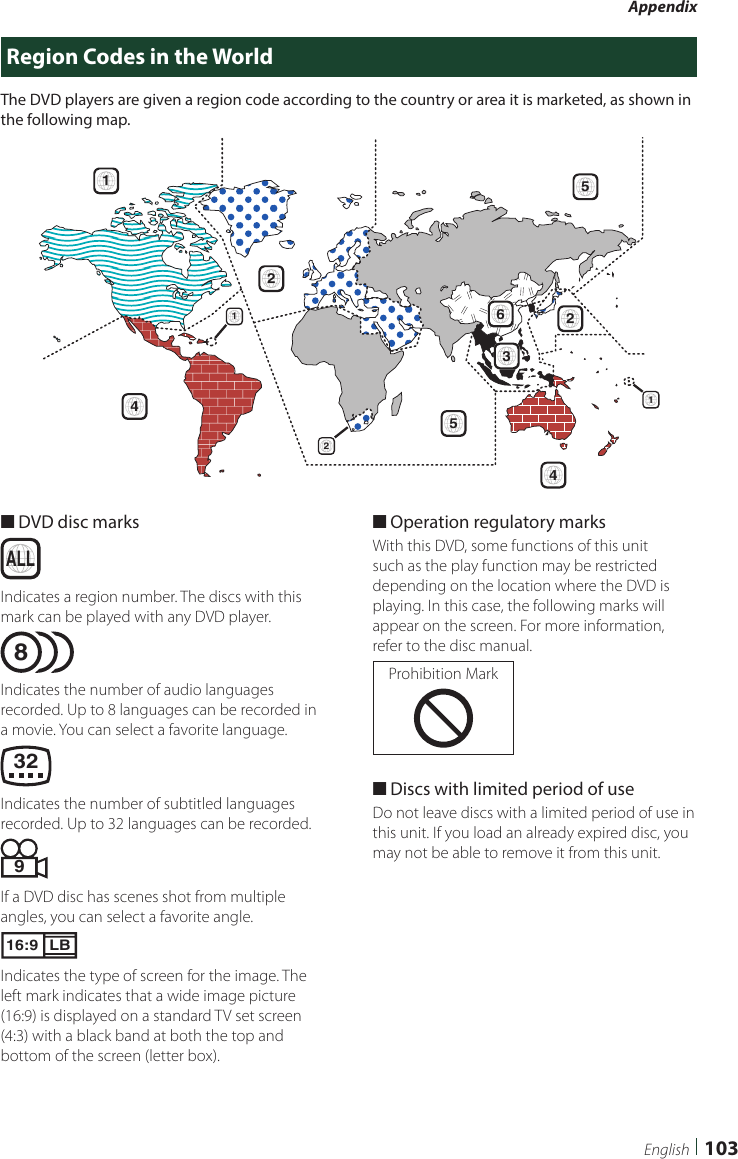 Appendix103EnglishRegion Codes in the WorldThe DVD players are given a region code according to the country or area it is marketed, as shown in the following map.124154521263 ■DVD disc marksALLIndicates a region number. The discs with this mark can be played with any DVD player.8Indicates the number of audio languages recorded. Up to 8 languages can be recorded in a movie. You can select a favorite language.32Indicates the number of subtitled languages recorded. Up to 32 languages can be recorded.9If a DVD disc has scenes shot from multiple angles, you can select a favorite angle.16:9 LBIndicates the type of screen for the image. The left mark indicates that a wide image picture (16:9) is displayed on a standard TV set screen (4:3) with a black band at both the top and bottom of the screen (letter box). ■Operation regulatory marksWith this DVD, some functions of this unit such as the play function may be restricted depending on the location where the DVD is playing. In this case, the following marks will appear on the screen. For more information, refer to the disc manual.Prohibition Mark ■Discs with limited period of useDo not leave discs with a limited period of use in this unit. If you load an already expired disc, you may not be able to remove it from this unit.