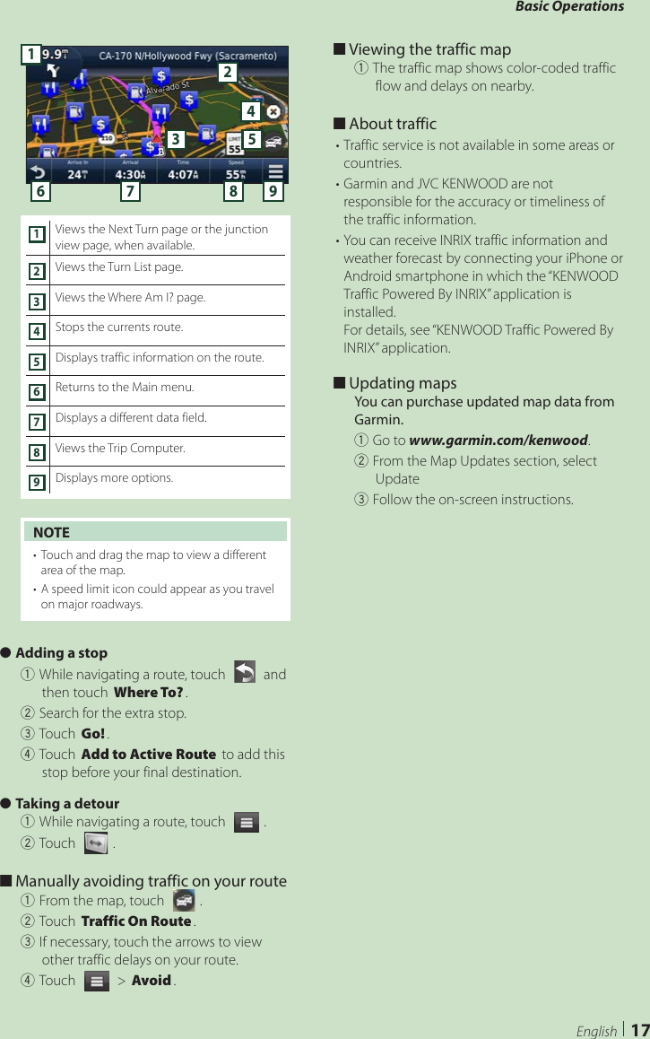 Basic Operations17English56 7 8 912341Views the Next Turn page or the junction view page, when available.2Views the Turn List page.3Views the Where Am I? page.4Stops the currents route.5Displays traffic information on the route.6Returns to the Main menu.7Displays a different data field.8Views the Trip Computer.9Displays more options.NOTE•  Touch and drag the map to view a different area of the map.•  A speed limit icon could appear as you travel on major roadways. ●Adding a stop1While navigating a route, touch [  ] and then touch [Where To?].2Search for the extra stop.3Touch [Go!].4Touch [Add to Active Route] to add this stop before your final destination. ●Taking a detour1While navigating a route, touch [  ].2Touch [  ]. ■Manually avoiding traffic on your route1From the map, touch [   ].2Touch [Traffic On Route].3If necessary, touch the arrows to view other traffic delays on your route.4Touch [  ] &gt; [Avoid]. ■Viewing the traffic map1The traffic map shows color-coded traffic flow and delays on nearby. ■About traffic• Traffic service is not available in some areas or countries. • Garmin and JVC KENWOOD are not responsible for the accuracy or timeliness of the traffic information.• You can receive INRIX traffic information and weather forecast by connecting your iPhone or Android smartphone in which the “KENWOOD Traffic Powered By INRIX” application is installed. For details, see “KENWOOD Traffic Powered By INRIX” application. ■Updating mapsYou can purchase updated map data from Garmin.1Go to www.garmin.com/kenwood.2From the Map Updates section, select Update3Follow the on-screen instructions.