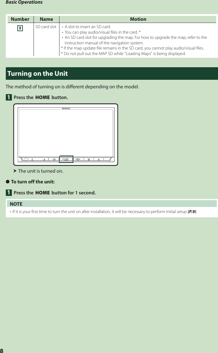 Basic Operations8Number Name Motion9SD card slot •  A slot to insert an SD card.•  You can play audio/visual files in the card. *•  An SD card slot for upgrading the map. For how to upgrade the map, refer to the instruction manual of the navigation system.*  If the map update file remains in the SD card, you cannot play audio/visual files.*  Do not pull out the MAP SD while &quot;Loading Maps&quot; is being displayed.Turning on the UnitThe method of turning on is different depending on the model.1  Press the [HOME] button. The unit is turned on. ●To turn off the unit:1  Press the [HOME] button for 1 second.NOTE•  If it is your first time to turn the unit on after installation, it will be necessary to perform Initial setup (P.9).