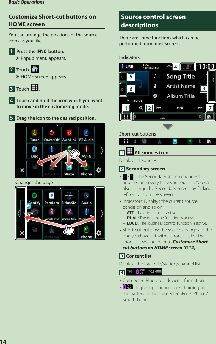 Basic Operations14Customize Short-cut buttons on HOME screenYou can arrange the positions of the source icons as you like.1  Press the [FNC] button. Popup menu appears.2 Touch [ ]. HOME screen appears.3 Touch [ ].4  Touch and hold the icon which you want to move in the customizing mode.5  Drag the icon to the desired position.Changes the pageSource control screen descriptionsThere are some functions which can be performed from most screens.Indicators5671 234Short-cut buttons1   All sources iconDisplays all sources.2 Secondary screen• []/[ ] : The Secondary screen changes to another one every time you touch it. You can also change the Secondary screen by flicking left or right on the screen.• Indicators: Displays the current source condition and so on. – [ATT]: The attenuator is active. – [DUAL]: The dual zone function is active. – [LOUD]: The loudness control function is active.• Short-cut buttons: The source changes to the one you have set with a short-cut. For the short-cut setting, refer to Customize Short-cut buttons on HOME screen (P.14).3 Content listDisplays the track/file/station/channel list.4 • Connected Bluetooth device information.•   : Lights up during quick charging of the battery of the connected iPod/ iPhone/ Smartphone.
