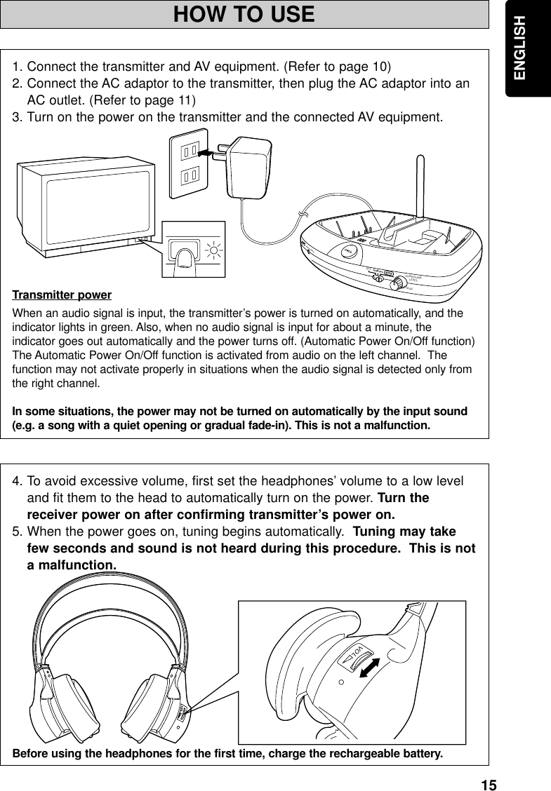 15ENGLISHHOW TO USEMINPOWER / CHARGEWOWOFFSURROUNDLEVELMAXTruBassVOLVOL1. Connect the transmitter and AV equipment. (Refer to page 10)2. Connect the AC adaptor to the transmitter, then plug the AC adaptor into anAC outlet. (Refer to page 11)3. Turn on the power on the transmitter and the connected AV equipment.Transmitter powerWhen an audio signal is input, the transmitter’s power is turned on automatically, and theindicator lights in green. Also, when no audio signal is input for about a minute, theindicator goes out automatically and the power turns off. (Automatic Power On/Off function)The Automatic Power On/Off function is activated from audio on the left channel.  Thefunction may not activate properly in situations when the audio signal is detected only fromthe right channel.In some situations, the power may not be turned on automatically by the input sound(e.g. a song with a quiet opening or gradual fade-in). This is not a malfunction.4. To avoid excessive volume, first set the headphones’ volume to a low leveland fit them to the head to automatically turn on the power. Turn thereceiver power on after confirming transmitter’s power on.5. When the power goes on, tuning begins automatically.  Tuning may takefew seconds and sound is not heard during this procedure.  This is nota malfunction.Before using the headphones for the first time, charge the rechargeable battery.