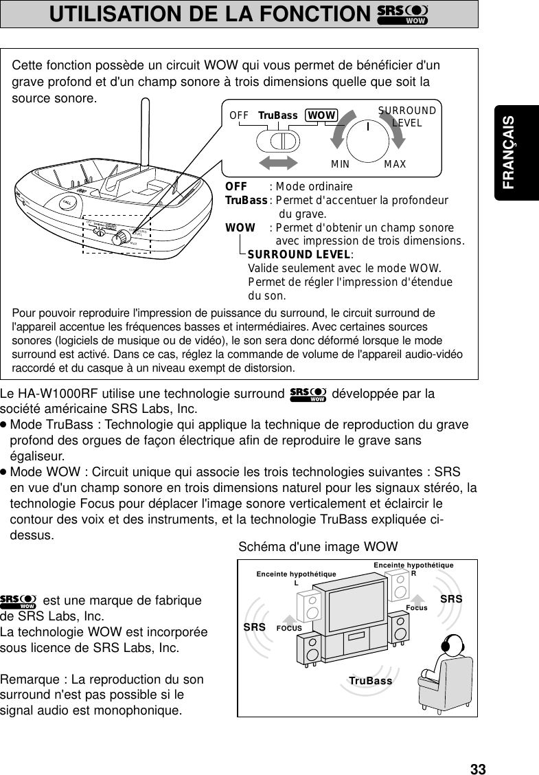 33FRANÇAISUTILISATION DE LA FONCTION       1MINPOWER / CHARGEWOWOFFSURROUNDLEVELMAXTruBassOFFOFF : Mode ordinaireTruBass: Permet d&apos;accentuer la profondeur   du grave.WOW : Permet d&apos;obtenir un champ sonore   avec impression de trois dimensions.       SURROUND LEVEL:Valide seulement avec le mode WOW.Permet de régler l&apos;impression d&apos;étenduedu son.MIN MAXSURROUNDLEVELTruBass WOWCette fonction possède un circuit WOW qui vous permet de bénéficier d&apos;ungrave profond et d&apos;un champ sonore à trois dimensions quelle que soit lasource sonore.Pour pouvoir reproduire l&apos;impression de puissance du surround, le circuit surround del&apos;appareil accentue les fréquences basses et intermédiaires. Avec certaines sourcessonores (logiciels de musique ou de vidéo), le son sera donc déformé lorsque le modesurround est activé. Dans ce cas, réglez la commande de volume de l&apos;appareil audio-vidéoraccordé et du casque à un niveau exempt de distorsion.Le HA-W1000RF utilise une technologie surround            développée par lasociété américaine SRS Labs, Inc.●Mode TruBass : Technologie qui applique la technique de reproduction du graveprofond des orgues de façon électrique afin de reproduire le grave sanségaliseur.●Mode WOW : Circuit unique qui associe les trois technologies suivantes : SRSen vue d&apos;un champ sonore en trois dimensions naturel pour les signaux stéréo, latechnologie Focus pour déplacer l&apos;image sonore verticalement et éclaircir lecontour des voix et des instruments, et la technologie TruBass expliquée ci-dessus.est une marque de fabriquede SRS Labs, Inc.La technologie WOW est incorporéesous licence de SRS Labs, Inc.Remarque : La reproduction du sonsurround n&apos;est pas possible si lesignal audio est monophonique.FOCUSEnceinte hypothétiqueLEnceinte hypothétiqueRFocus SRSSRSTruBassSchéma d&apos;une image WOW