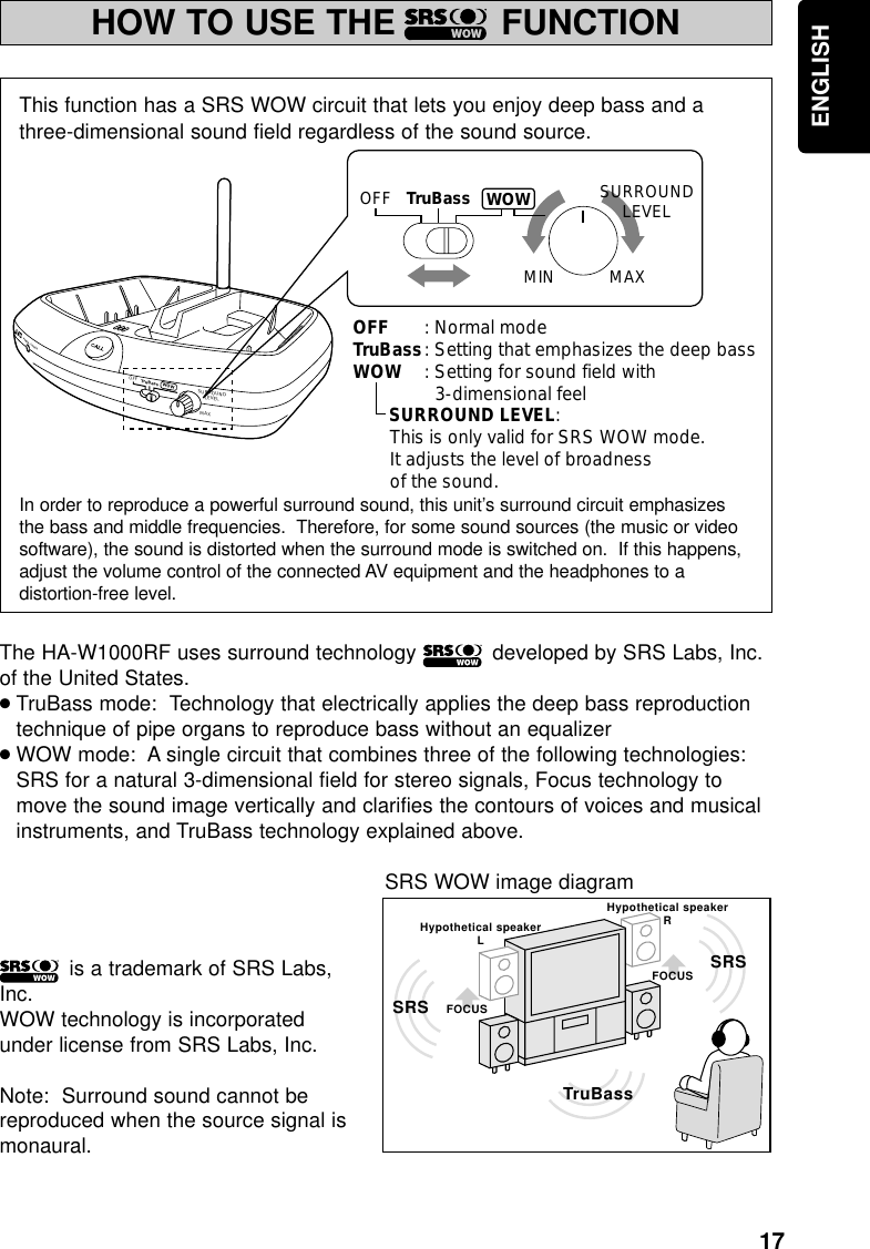 17ENGLISHHOW TO USE THE          FUNCTIONMINPOWER / CHARGEWOWOFFSURROUNDLEVELMAXTruBassOFFOFF : Normal modeTruBass: Setting that emphasizes the deep bass WOW : Setting for sound field with3-dimensional feel       SURROUND LEVEL:This is only valid for SRS WOW mode.It adjusts the level of broadnessof the sound.MIN MAXSURROUNDLEVELTruBass WOWThis function has a SRS WOW circuit that lets you enjoy deep bass and athree-dimensional sound field regardless of the sound source.In order to reproduce a powerful surround sound, this unit’s surround circuit emphasizesthe bass and middle frequencies.  Therefore, for some sound sources (the music or videosoftware), the sound is distorted when the surround mode is switched on.  If this happens,adjust the volume control of the connected AV equipment and the headphones to adistortion-free level. The HA-W1000RF uses surround technology            developed by SRS Labs, Inc.of the United States.●TruBass mode:  Technology that electrically applies the deep bass reproductiontechnique of pipe organs to reproduce bass without an equalizer●WOW mode:  A single circuit that combines three of the following technologies:SRS for a natural 3-dimensional field for stereo signals, Focus technology tomove the sound image vertically and clarifies the contours of voices and musicalinstruments, and TruBass technology explained above.is a trademark of SRS Labs,Inc.WOW technology is incorporatedunder license from SRS Labs, Inc.Note:  Surround sound cannot bereproduced when the source signal ismonaural.FOCUSHypothetical speakerLHypothetical speakerRFOCUS SRSSRSTruBassSRS WOW image diagram