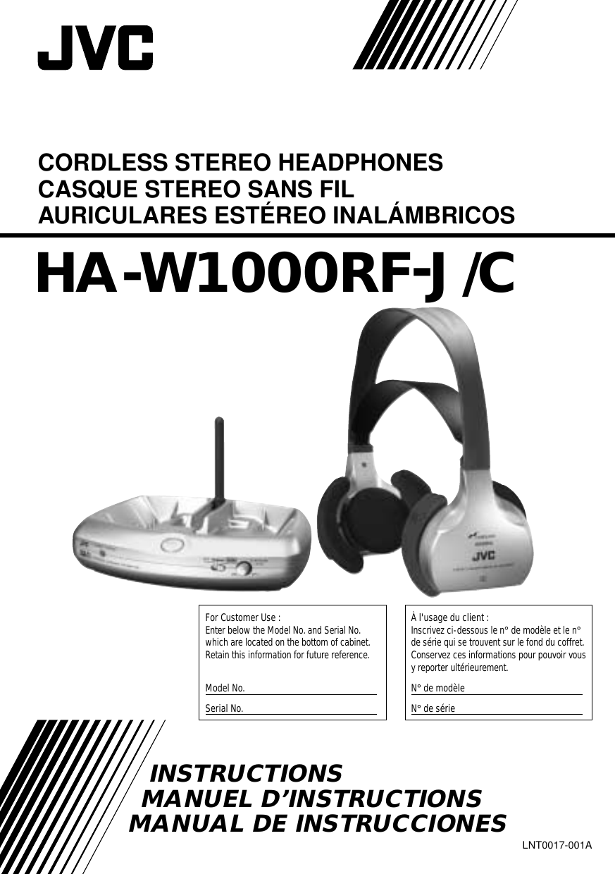 CORDLESS STEREO HEADPHONESCASQUE STEREO SANS FILAURICULARES ESTÉREO INALÁMBRICOSHA-W1000RF-J/CINSTRUCTIONSMANUEL D’INSTRUCTIONSMANUAL DE INSTRUCCIONESLNT0017-001AÀ l&apos;usage du client :Inscrivez ci-dessous le n° de modèle et le n° de série qui se trouvent sur le fond du coffret.Conservez ces informations pour pouvoir vous y reporter ultérieurement.N° de modèle  N° de sérieFor Customer Use :Enter below the Model No. and Serial No. which are located on the bottom of cabinet.  Retain this information for future reference.Model No.  Serial No.