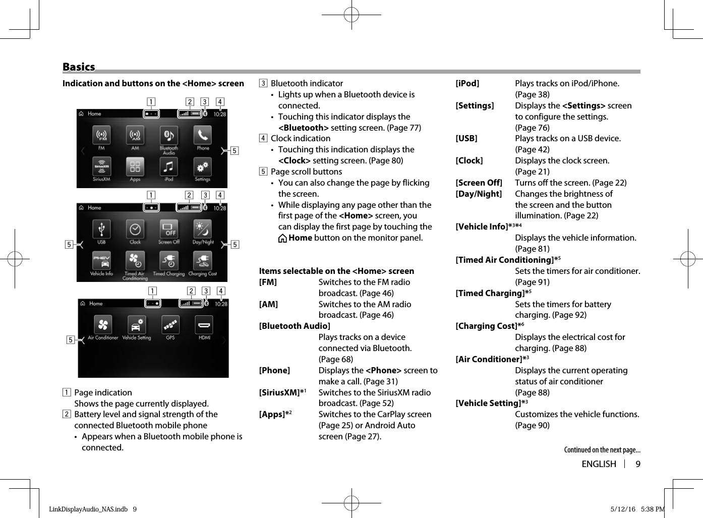 ENGLISH 9BasicsBasicsIndication and buttons on the &lt;Home&gt; screen 533221154455321 41 Page indication  Shows the page currently displayed.2  Battery level and signal strength of the connected Bluetooth mobile phone•  Appears when a Bluetooth mobile phone is connected.3 Bluetooth indicator•  Lights up when a Bluetooth device is connected.•  Touching this indicator displays the &lt;Bluetooth&gt; setting screen. (Page 77)4 Clock indication•  Touching this indication displays the &lt;Clock&gt; setting screen. (Page 80)5  Page scroll buttons•  You can also change the page by flicking the screen.•  While displaying any page other than the first page of the &lt;Home&gt; screen, you can display the first page by touching the  Home button on the monitor panel.Items selectable on the &lt;Home&gt; screen[FM]  Switches to the FM radio broadcast. (Page 46)[AM]  Switches to the AM radio broadcast. (Page 46)[Bluetooth Audio] Plays tracks on a device connected via Bluetooth. (Page 68)[Phone]  Displays the &lt;Phone&gt; screen to make a call. (Page 31)[SiriusXM]*1 Switches to the SiriusXM radio broadcast. (Page 52)[Apps]*2 Switches to the CarPlay screen (Page 25) or Android Auto screen (Page 27).[iPod]  Plays tracks on iPod/iPhone. (Page 38) [Settings]  Displays the &lt;Settings&gt; screen to configure the settings. (Page 76)[USB]  Plays tracks on a USB device. (Page 42)[Clock]  Displays the clock screen. (Page 21)[Screen Off]  Turns off the screen. (Page 22)[Day/Night]  Changes the brightness of the screen and the button illumination. (Page 22)[Vehicle Info]*3*4 Displays the vehicle information. (Page 81)[Timed Air Conditioning]*5 Sets the timers for air conditioner. (Page 91)[Timed Charging]*5 Sets the timers for battery charging. (Page 92)[Charging Cost]*6 Displays the electrical cost for charging. (Page 88)[Air Conditioner]*3 Displays the current operating status of air conditioner (Page 88)[Vehicle Setting]*3 Customizes the vehicle functions. (Page 90)Continued on the next page...LinkDisplayAudio_NAS.indb   9LinkDisplayAudio_NAS.indb   9 5/12/16   5:38 PM5/12/16   5:38 PM