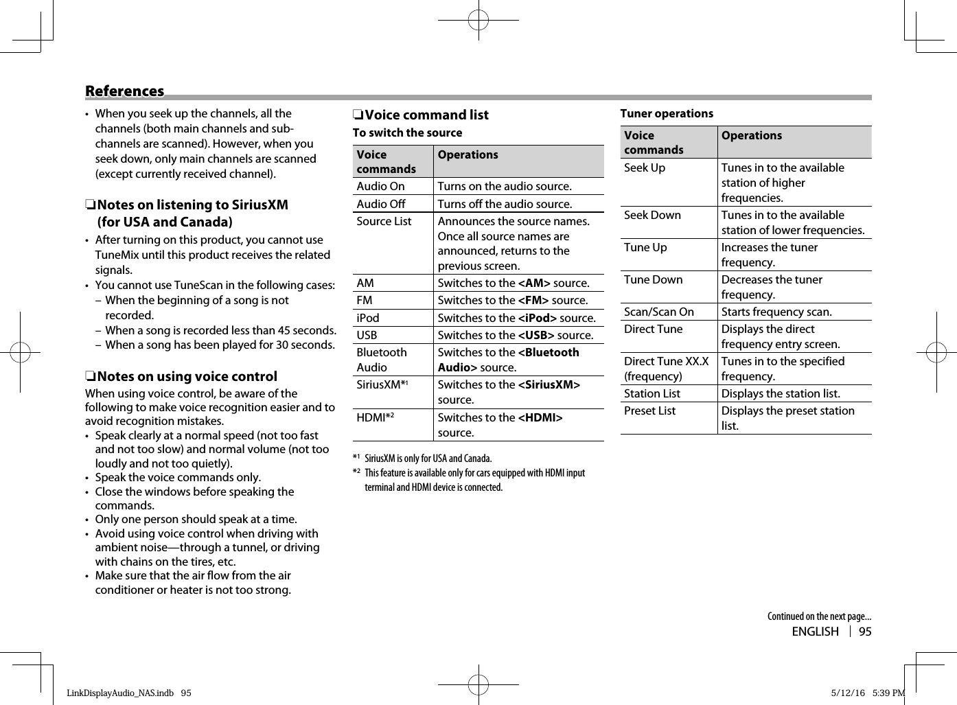 ENGLISH 95ReferencesReferences•  When you seek up the channels, all the channels (both main channels and sub-channels are scanned). However, when you seek down, only main channels are scanned (except currently received channel). ❏ Notes on listening to SiriusXM (for USA and Canada)•  After turning on this product, you cannot use TuneMix until this product receives the related signals.•  You cannot use TuneScan in the following cases: – When the beginning of a song is not recorded. – When a song is recorded less than 45 seconds. – When a song has been played for 30 seconds. ❏Notes on using voice controlWhen using voice control, be aware of the following to make voice recognition easier and to avoid recognition mistakes.•  Speak clearly at a normal speed (not too fast and not too slow) and normal volume (not too loudly and not too quietly).•  Speak the voice commands only.•  Close the windows before speaking the commands.•  Only one person should speak at a time.•  Avoid using voice control when driving with ambient noise—through a tunnel, or driving with chains on the tires, etc.•  Make sure that the air flow from the air conditioner or heater is not too strong. ❏ Voice command listTo switch the sourceVoice commandsOperationsAudio On Turns on the audio source.Audio Off Turns off the audio source.Source List Announces the source names. Once all source names are announced, returns to the previous screen.AM Switches to the &lt;AM&gt; source.FM Switches to the &lt;FM&gt; source.iPod Switches to the &lt;iPod&gt; source.USB Switches to the &lt;USB&gt; source.Bluetooth AudioSwitches to the &lt;Bluetooth Audio&gt; source.SiriusXM*1Switches to the &lt;SiriusXM&gt; source.HDMI*2Switches to the &lt;HDMI&gt; source.*1  SiriusXM is only for USA and Canada.*2  This feature is available only for cars equipped with HDMI input terminal and HDMI device is connected.Tuner operationsVoice commandsOperationsSeek Up Tunes in to the available station of higher frequencies.Seek Down Tunes in to the available station of lower frequencies.Tune Up Increases the tuner frequency.Tune Down Decreases the tuner frequency.Scan/Scan On Starts frequency scan.Direct Tune Displays the direct frequency entry screen.Direct Tune XX.X (frequency)Tunes in to the specified frequency.Station List Displays the station list.Preset List Displays the preset station list. Continued on the next page...LinkDisplayAudio_NAS.indb   95LinkDisplayAudio_NAS.indb   95 5/12/16   5:39 PM5/12/16   5:39 PM