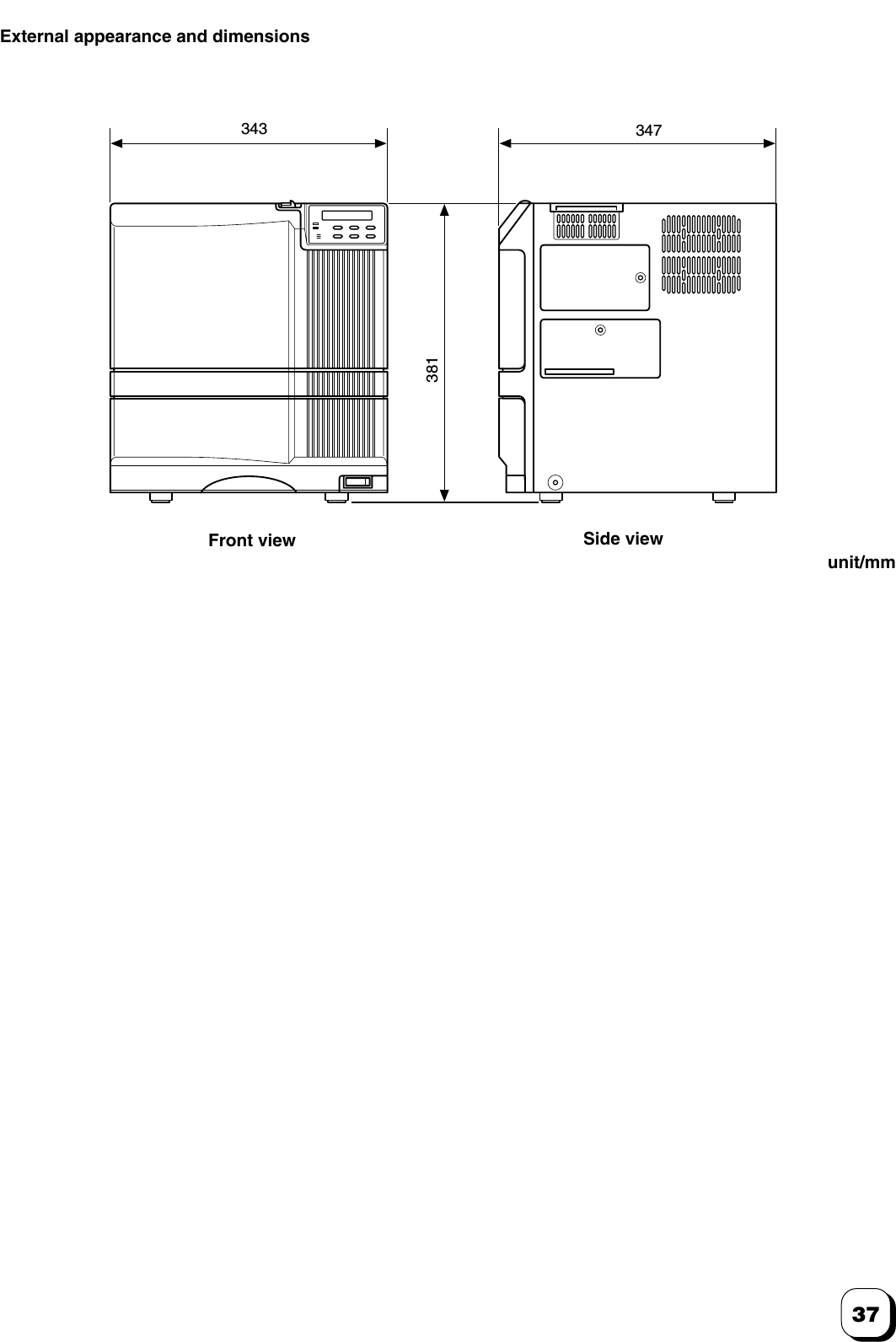 37External appearance and dimensions Front view Side viewunit/mm343 347381