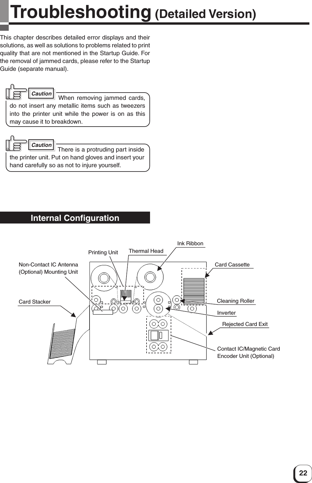 22Troubleshooting (Detailed Version)This chapter describes detailed error displays and theirsolutions, as well as solutions to problems related to printquality that are not mentioned in the Startup Guide. Forthe removal of jammed cards, please refer to the StartupGuide (separate manual).Caution When removing jammed cards,do not insert any metallic items such as tweezersinto the printer unit while the power is on as thismay cause it to breakdown.Internal ConfigurationCard CassettePrinting UnitCard StackerContact IC/Magnetic Card Encoder Unit (Optional)Non-Contact IC Antenna(Optional) Mounting UnitRejected Card ExitThermal HeadCleaning RollerInverterInk RibbonCaution There is a protruding part insidethe printer unit. Put on hand gloves and insert yourhand carefully so as not to injure yourself.