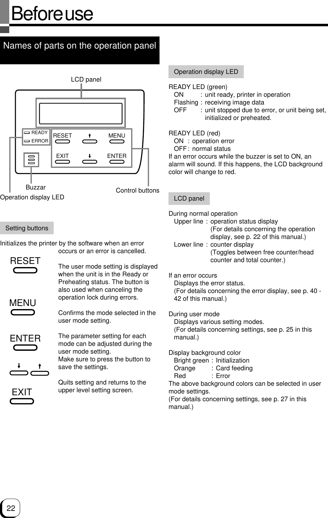 22Before useNames of parts on the operation panelSetting buttonsInitializes the printer by the software when an erroroccurs or an error is cancelled.The user mode setting is displayedwhen the unit is in the Ready orPreheating status. The button isalso used when canceling theoperation lock during errors.Confirms the mode selected in theuser mode setting.The parameter setting for eachmode can be adjusted during theuser mode setting.Make sure to press the button tosave the settings.Quits setting and returns to theupper level setting screen.RESETEXITMENUENTERREADYERRORLCD panelOperation display LED Control buttonsENTEREXITMENURESETOperation display LEDREADY LED (green)ON : unit ready, printer in operationFlashing : receiving image dataOFF : unit stopped due to error, or unit being set,initialized or preheated.READY LED (red)ON : operation errorOFF: normal statusIf an error occurs while the buzzer is set to ON, analarm will sound. If this happens, the LCD backgroundcolor will change to red.LCD panelDuring normal operationUpper line : operation status display(For details concerning the operationdisplay, see p. 22 of this manual.)Lower line : counter display(Toggles between free counter/headcounter and total counter.)If an error occursDisplays the error status.(For details concerning the error display, see p. 40 -42 of this manual.)During user modeDisplays various setting modes.(For details concerning settings, see p. 25 in thismanual.)Display background colorBright green : InitializationOrange : Card feedingRed : ErrorThe above background colors can be selected in usermode settings.(For details concerning settings, see p. 27 in thismanual.)Buzzar