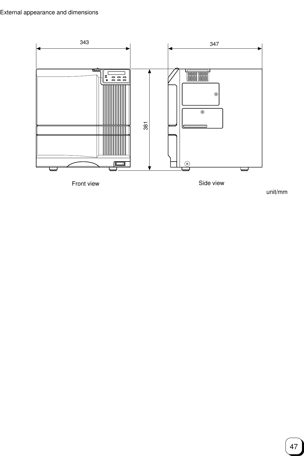 47External appearance and dimensions Front view Side viewunit/mm343 347381