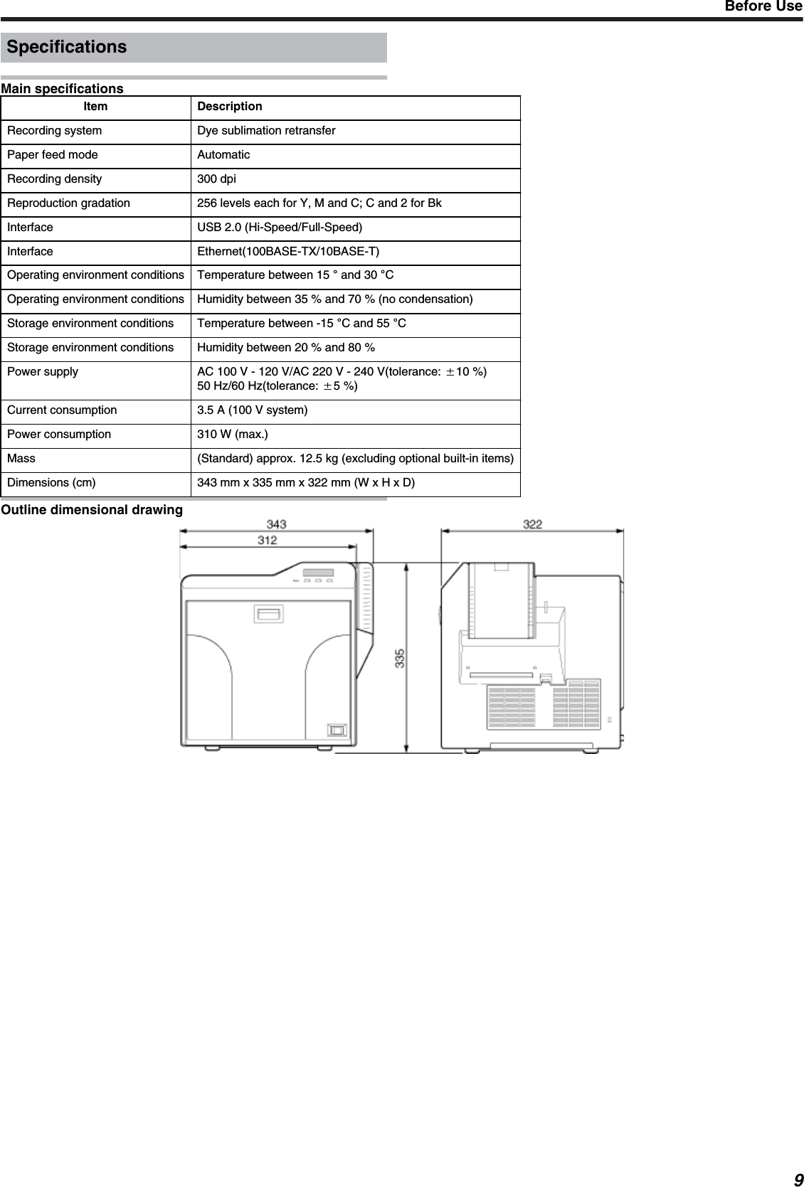 SpecificationsMain specificationsItem DescriptionRecording system Dye sublimation retransferPaper feed mode AutomaticRecording density 300 dpiReproduction gradation 256 levels each for Y, M and C; C and 2 for BkInterface USB 2.0 (Hi-Speed/Full-Speed)Interface Ethernet(100BASE-TX/10BASE-T)Operating environment conditions Temperature between 15  and 30 COperating environment conditions Humidity between 35 % and 70 % (no condensation)Storage environment conditions Temperature between -15 C and 55 CStorage environment conditions Humidity between 20 % and 80 %Power supply AC 100 V - 120 V/AC 220 V - 240 V(tolerance: ע10 %)50 Hz/60 Hz(tolerance: ע5 %)Current consumption 3.5 A (100 V system)Power consumption 310 W (max.)Mass (Standard) approx. 12.5 kg (excluding optional built-in items)Dimensions (cm) 343 mm x 335 mm x 322 mm (W x H x D)Outline dimensional drawingBefore Use9